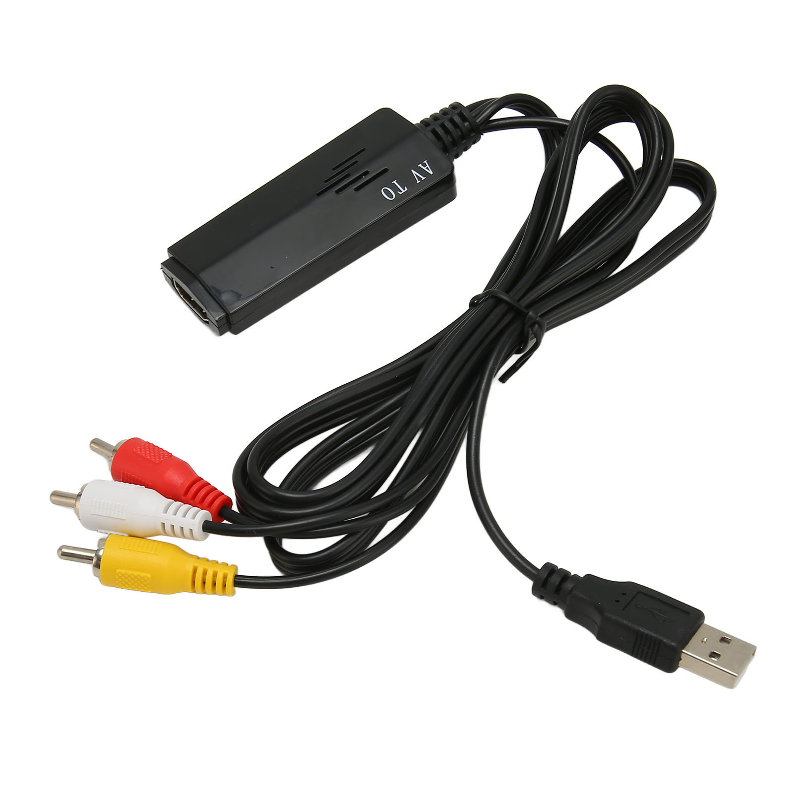 Ein schwarzer AV-zu-USB-Adapter mit Cinch-Anschlüssen (rot, weiß, gelb) und einem USB-Anschluss. Weißer Hintergrund.