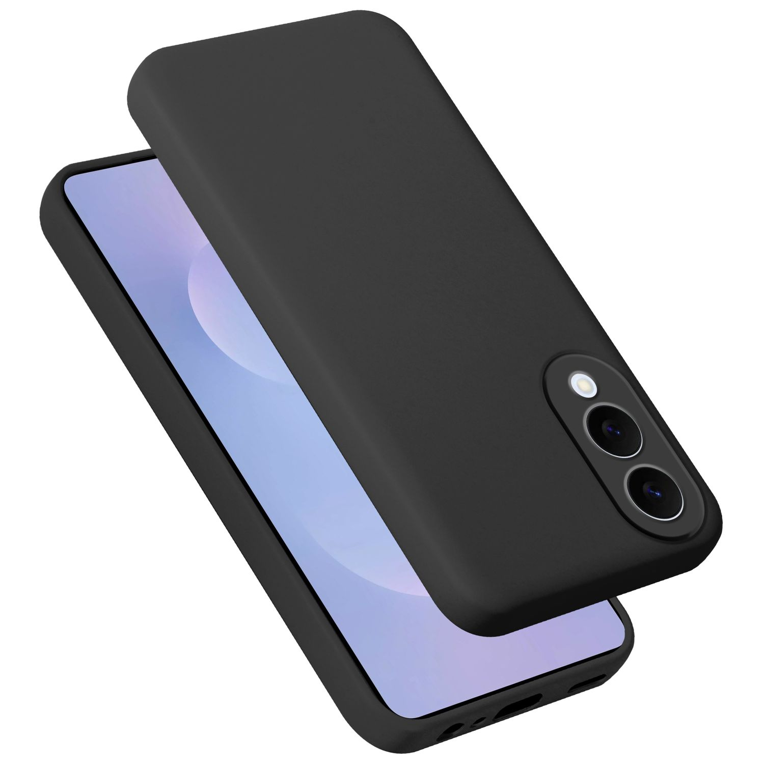 Schwarze Handyhülle mit einem Telefon darin. Die Hülle ist geöffnet und zeigt den Bildschirm. Der Hintergrund ist weiß.