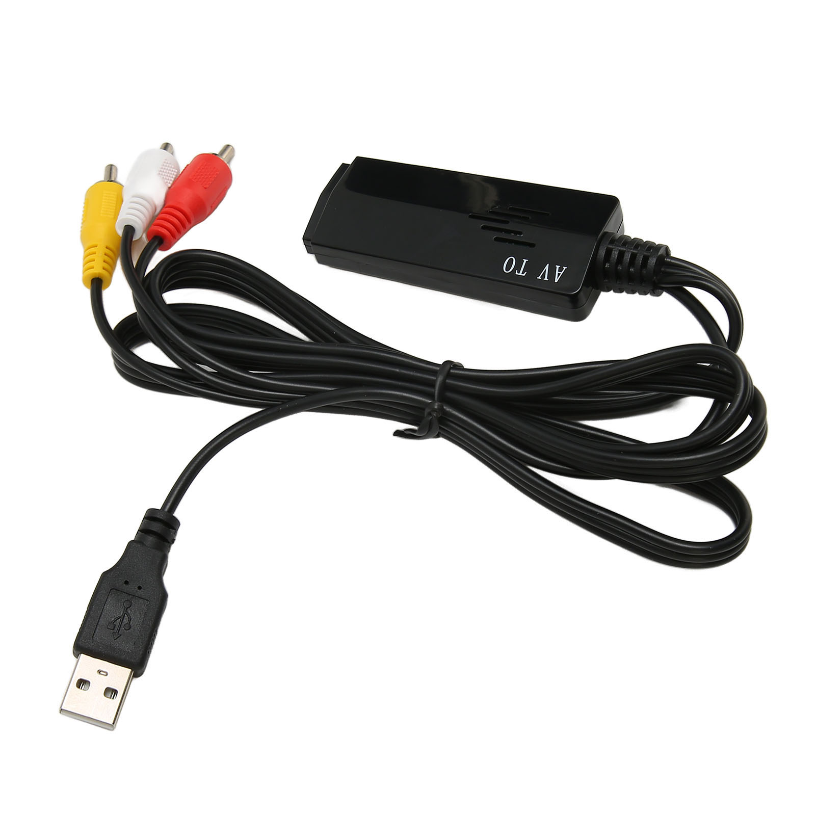 Schwarzer AV-zu-USB-Adapter mit gelben, weißen, roten Cinch-Anschlüssen und USB-Anschluss. Weißer Hintergrund.