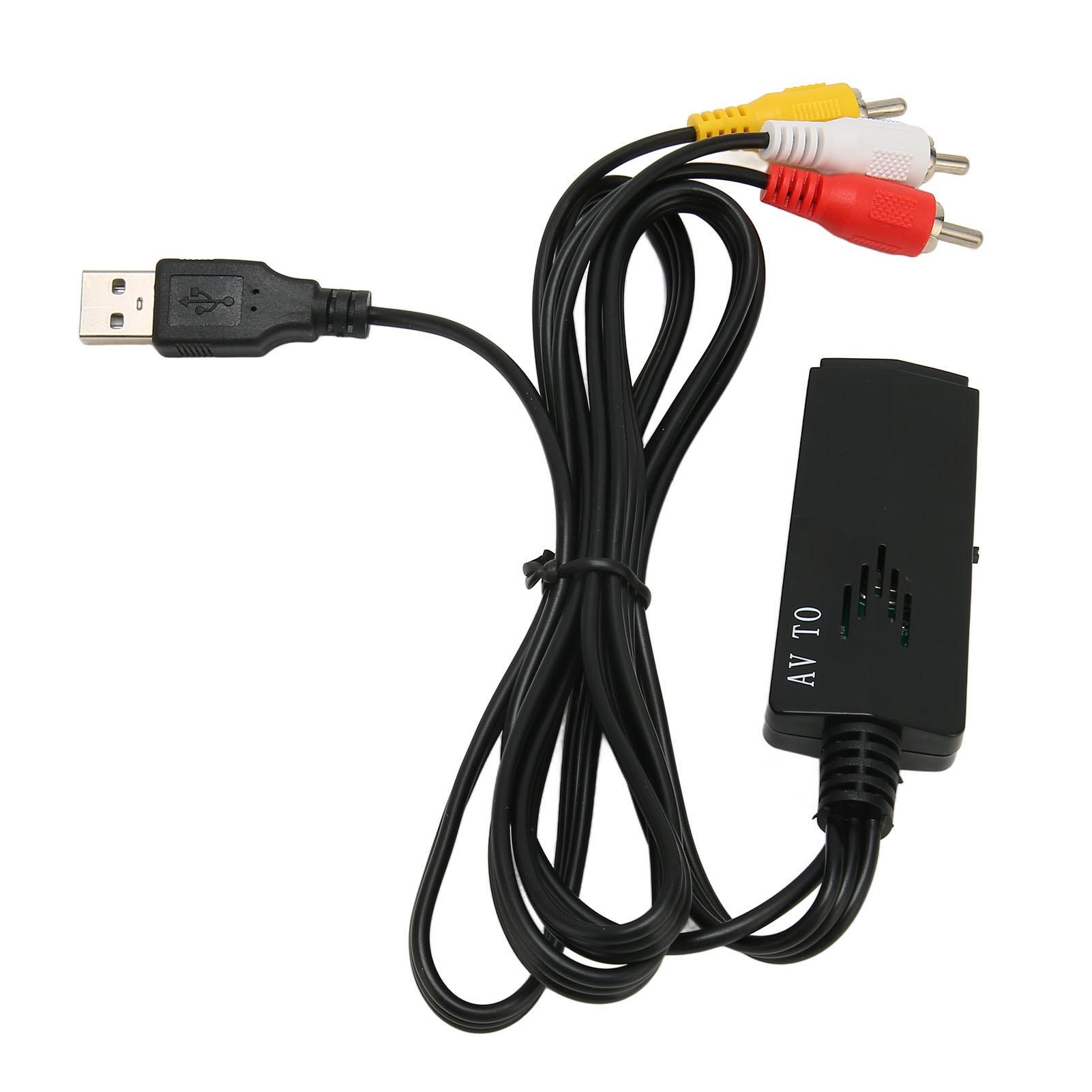 Ein AV-zu-USB-Adapterkabel. Es hat einen USB-Stecker, ein schwarzes Kabel und drei Cinch-Stecker: gelb, weiß und rot.