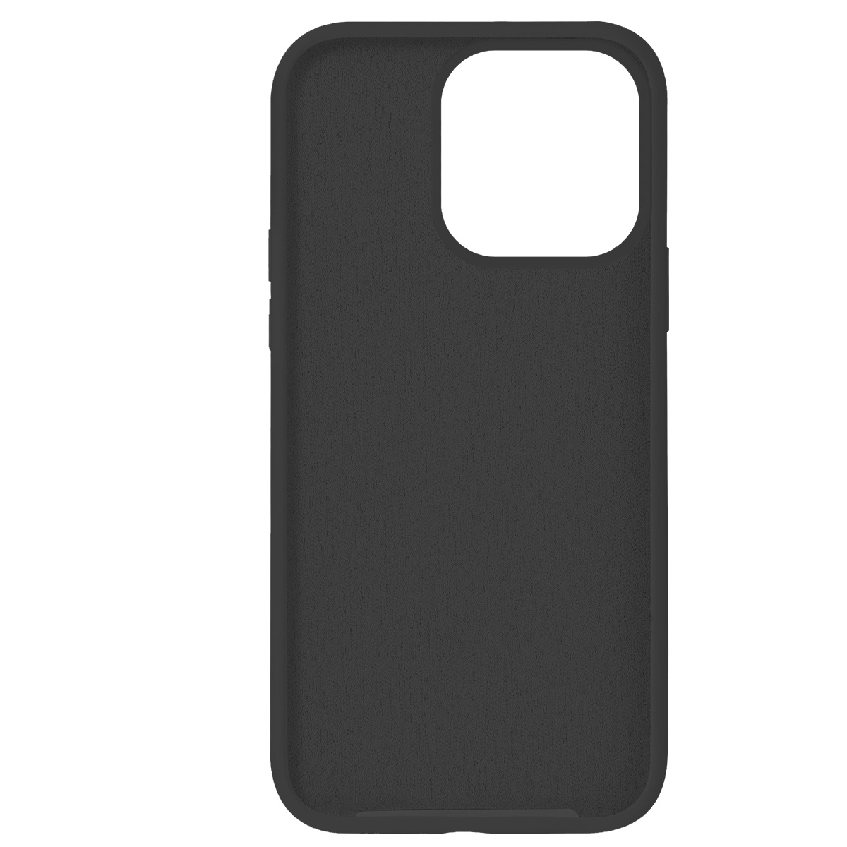 Una custodia per telefono grigio scuro con un ritaglio per la fotocamera. La custodia ha angoli arrotondati e una superficie strutturata. Lo sfondo è bianco.