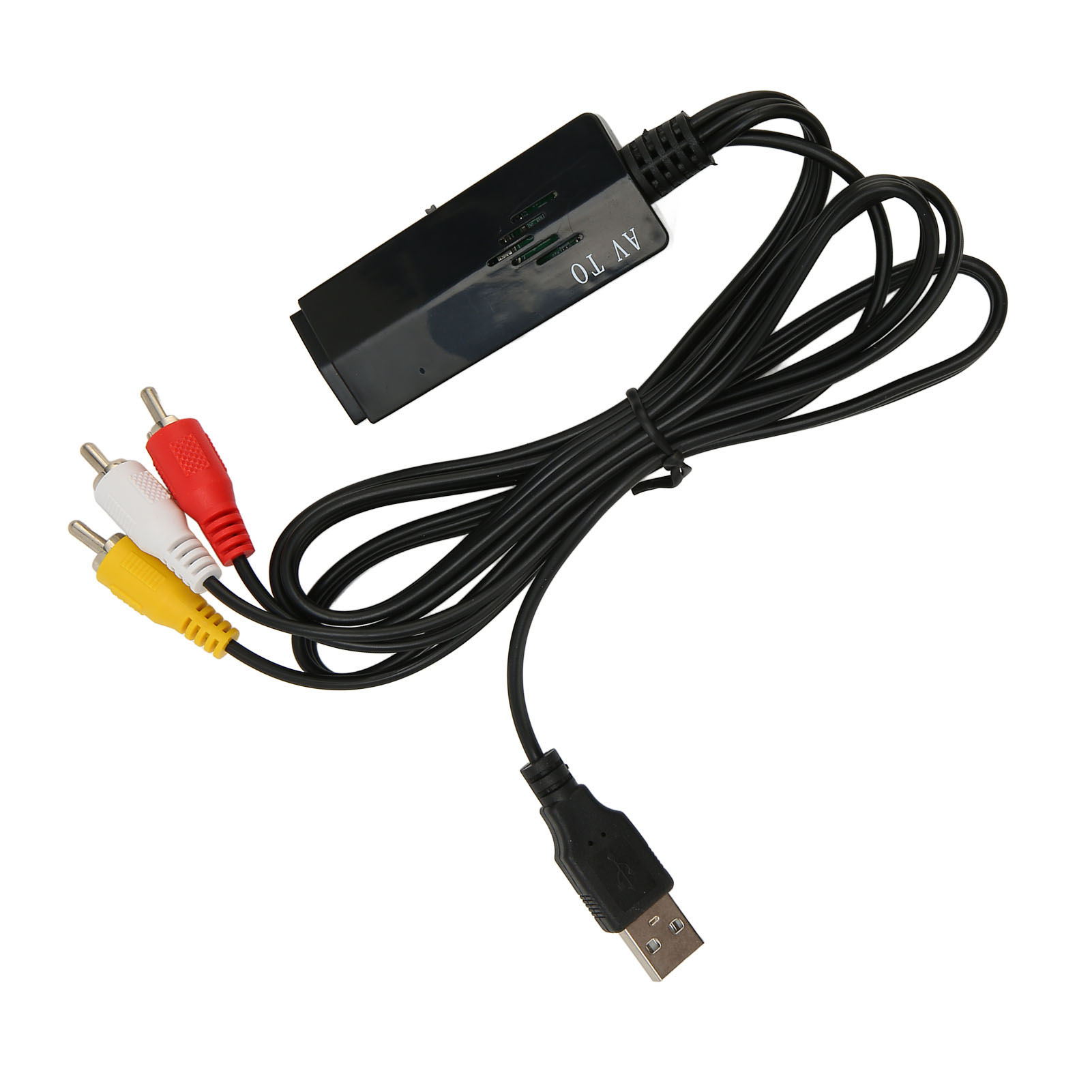 Ein AV-zu-USB-Adapter. Er hat rote, weiße und gelbe Cinch-Anschlüsse, einen USB-Anschluss und ein schwarzes Kabel.