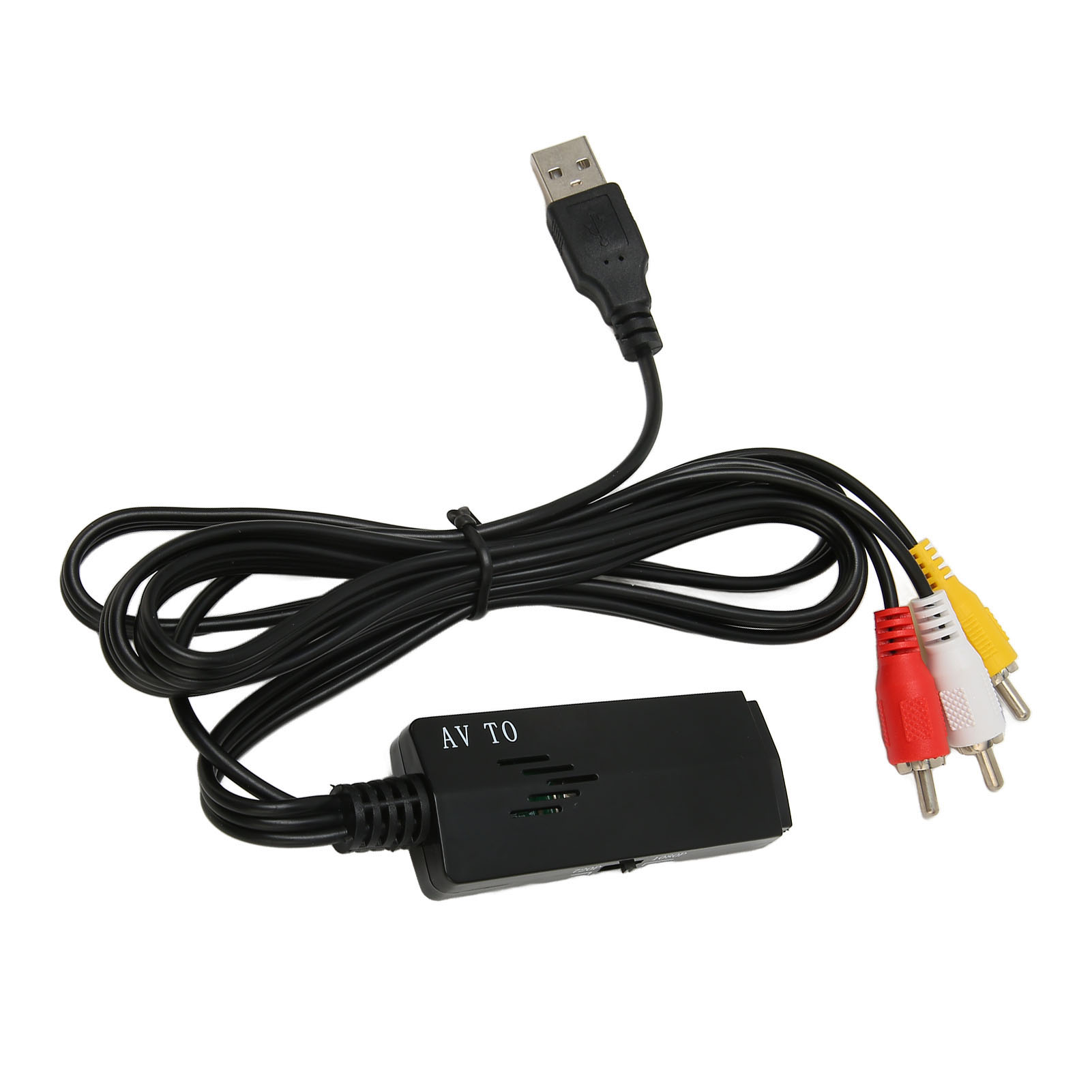 AV-zu-USB-Adapter. Schwarzes Gerät mit roten, weißen, gelben Anschlüssen und einem USB-Stecker. Weißer Hintergrund.