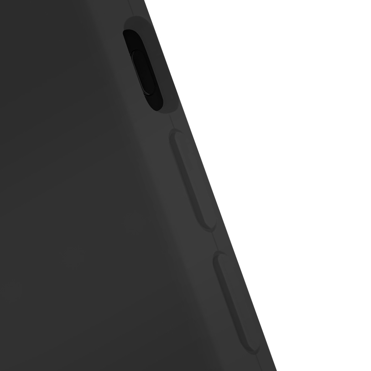Primo piano di una custodia nera per telefono con pulsanti laterali e foro per la fotocamera, su sfondo bianco.