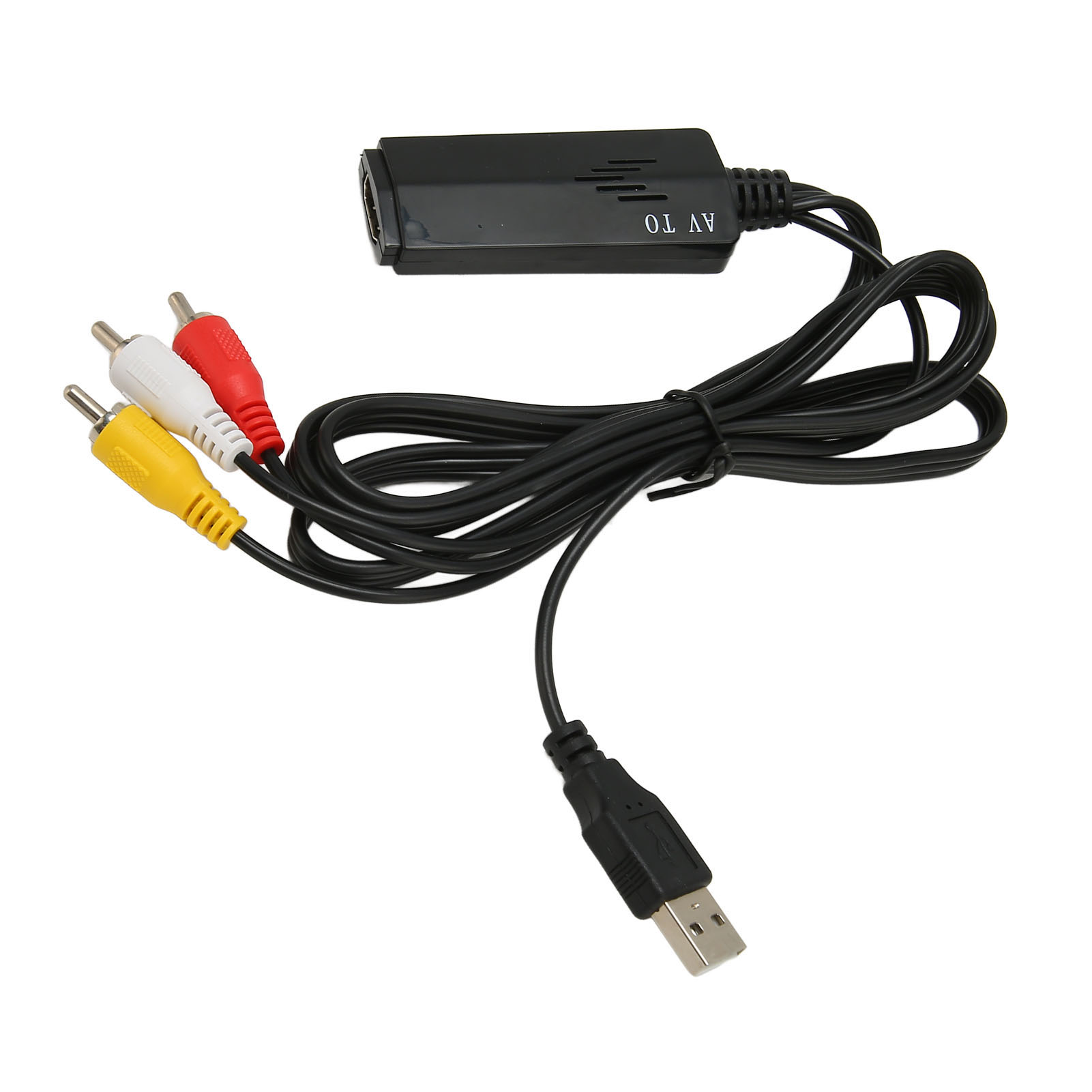 Ein schwarzes AV-zu-USB-Adapterkabel. Es hat drei Cinch-Anschlüsse: gelb, weiß, rot. Es hat auch einen USB-Anschluss.