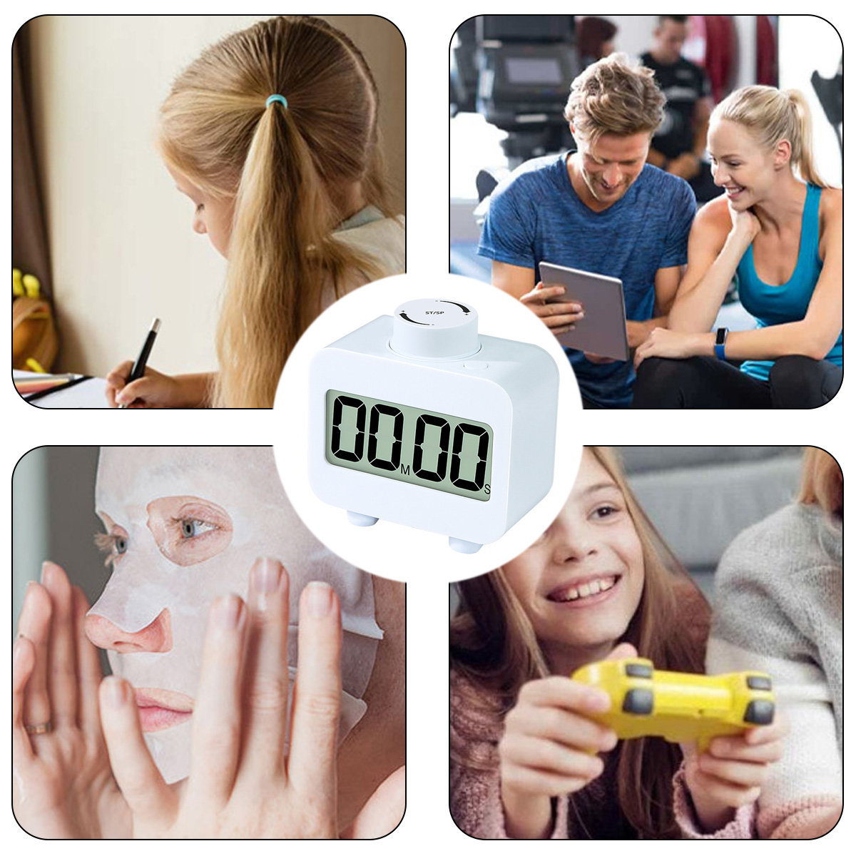Bildcollage: Ein Mädchen schreibt, ein Paar mit Tablet, eine Person mit Gesichtsmaske und ein Mädchen, das ein Videospiel mit einem gelben Controller spielt.