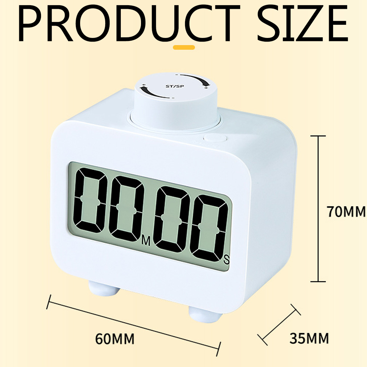 Weißer digitaler Küchentimer mit der Anzeige 00:00. Abmessungen: 60 mm x 70 mm x 35 mm. Oben steht 'PRODUCT SIZE'.