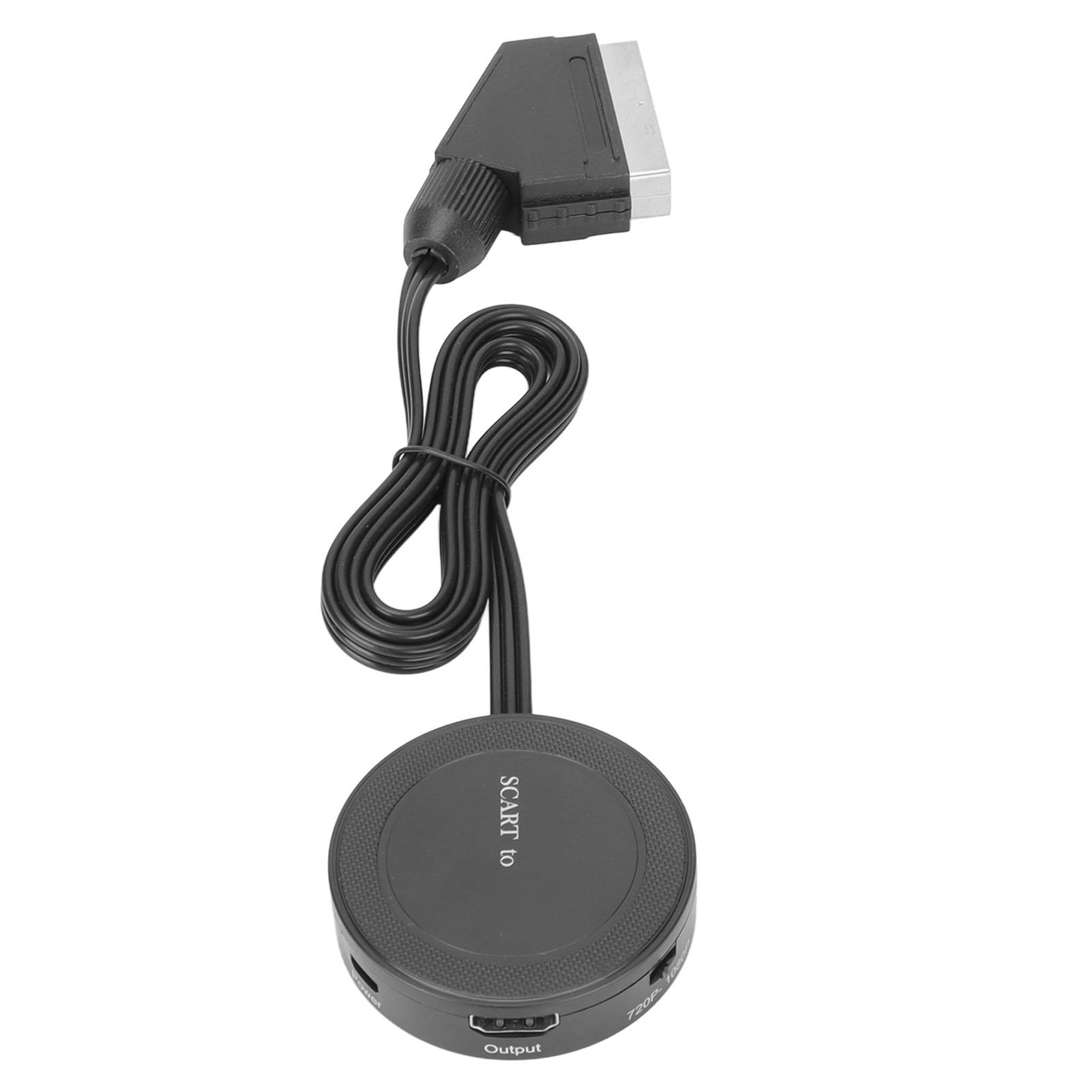 SCART-zu-HDMI-Adapter. Ein schwarzes Kabel verbindet einen SCART-Anschluss mit einer runden schwarzen Box mit HDMI-Ausgang.