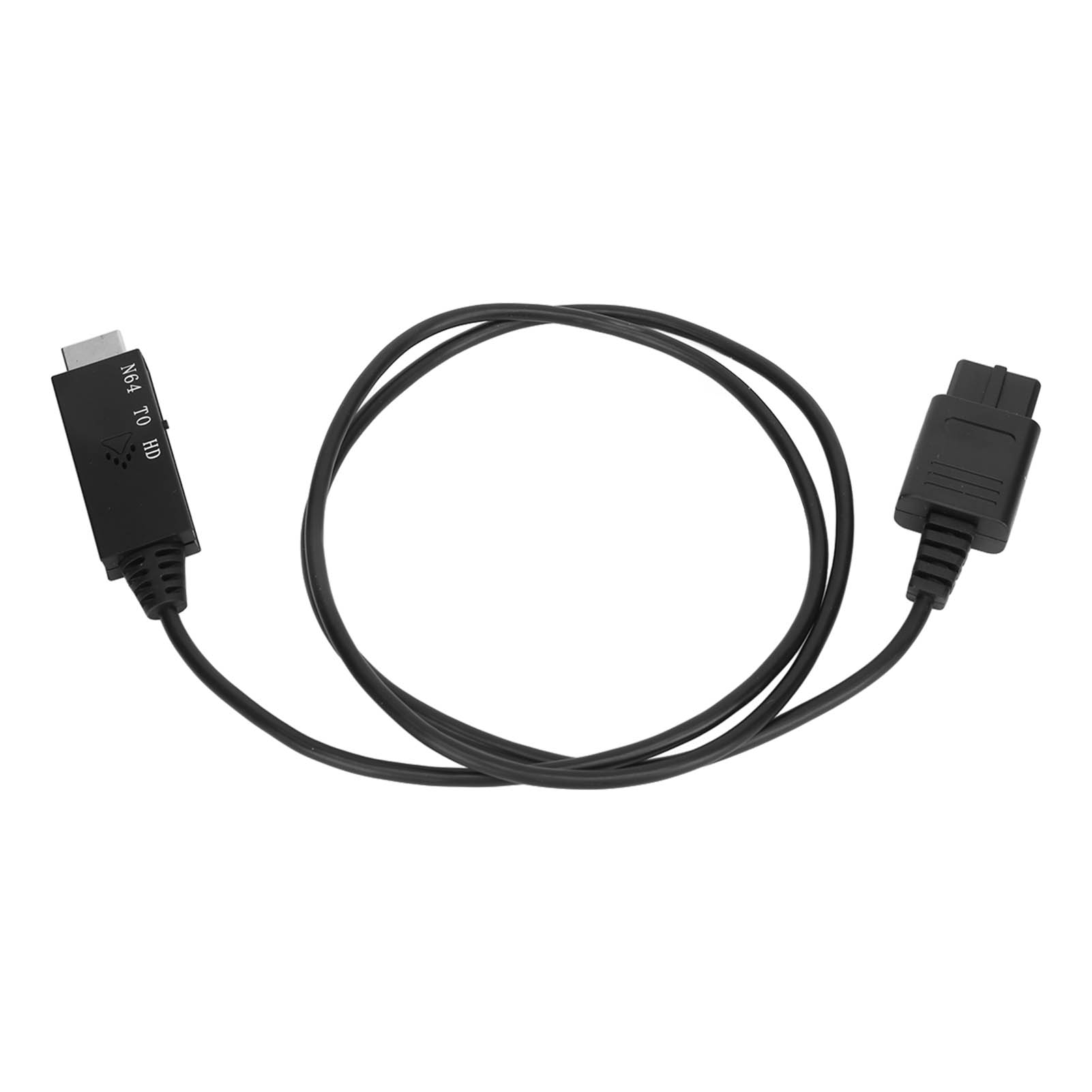 Schwarzes N64-zu-HD-Kabel. Es hat zwei Enden, eines mit der Aufschrift 'N64 to HD' und einen schwarzen Stecker.