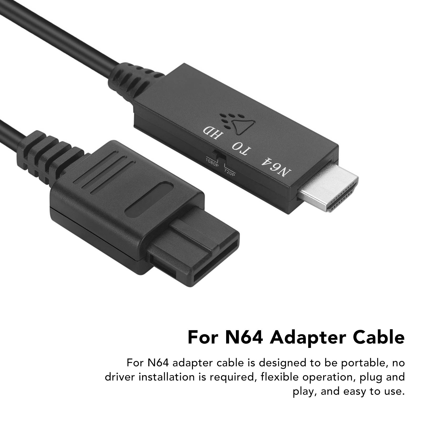 Schwarzes N64-Adapterkabel mit Anschlüssen, eines für die Konsole, eines für HD-Ausgang. Weißer Hintergrund. Text: Für N64-Adapterkabel.