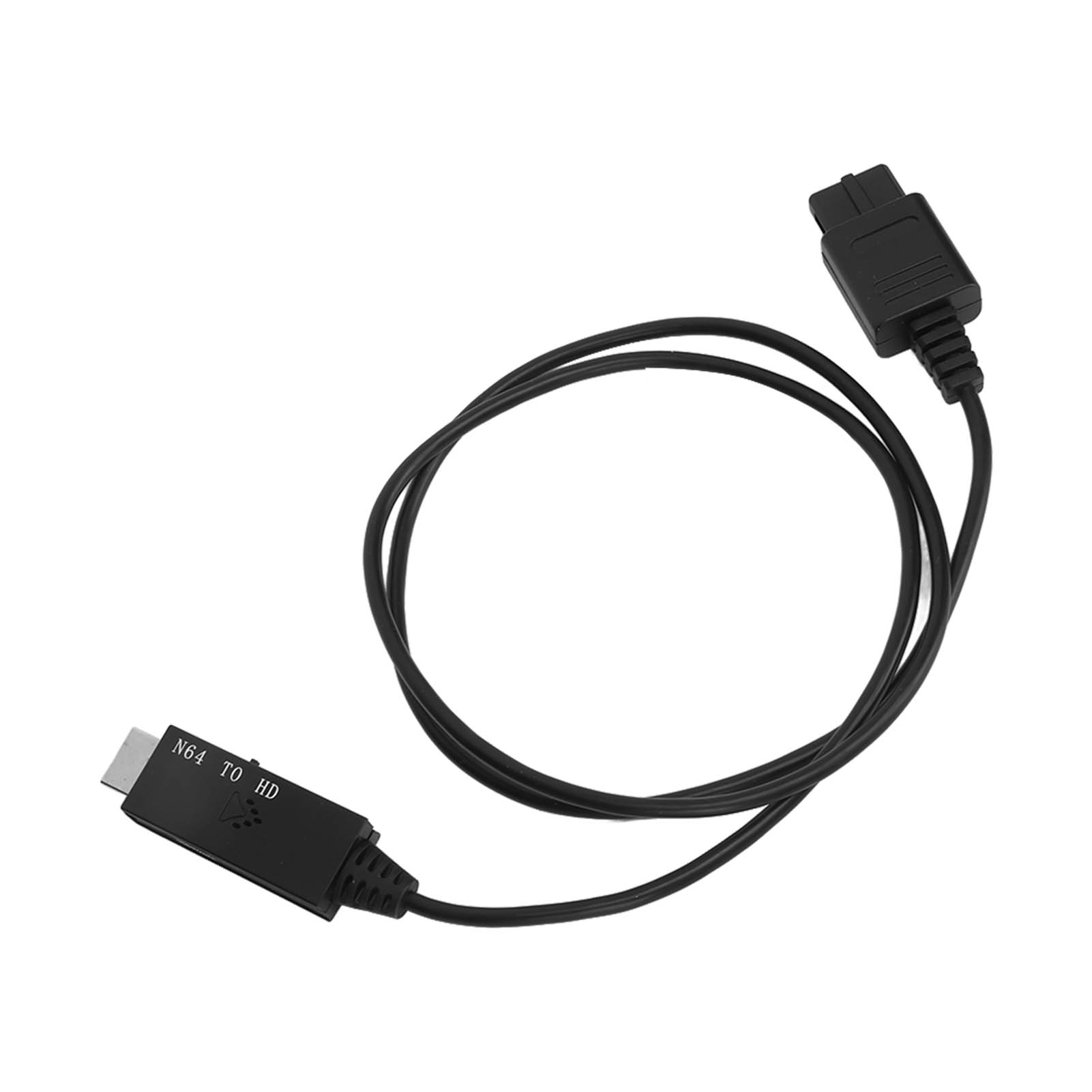 Schwarzes N64-zu-HD-Kabel mit Anschlüssen. Das Kabel bildet einen Kreis. An jedem Ende befinden sich Anschlüsse. Weißer Hintergrund.