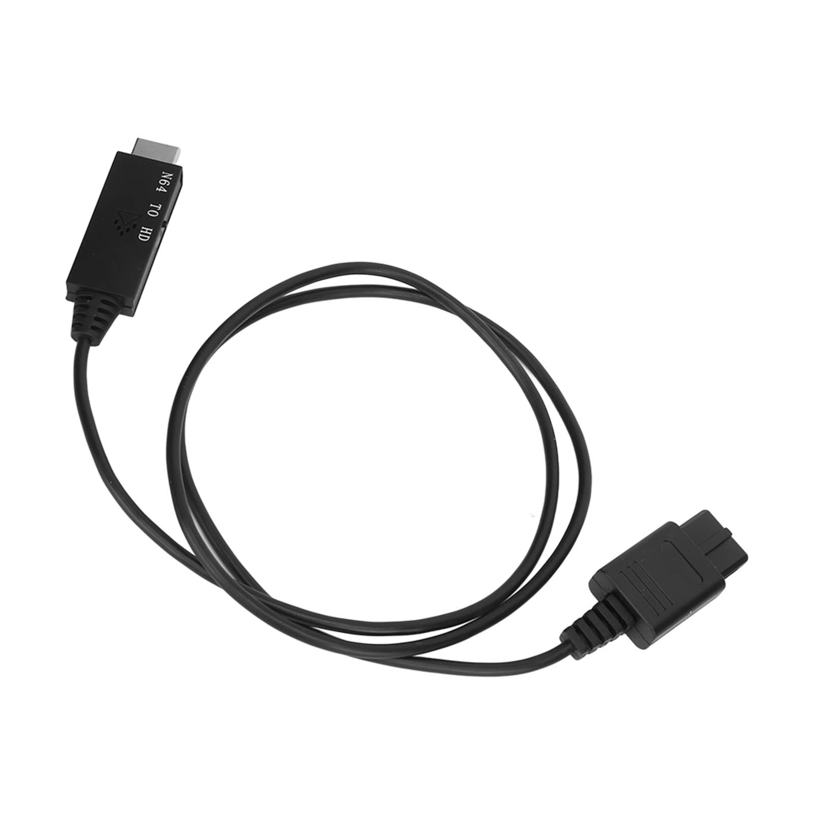 Ein schwarzes N64-zu-HD-Adapterkabel. Es hat einen USB-Anschluss an einem Ende und einen Konsolenanschluss am anderen.