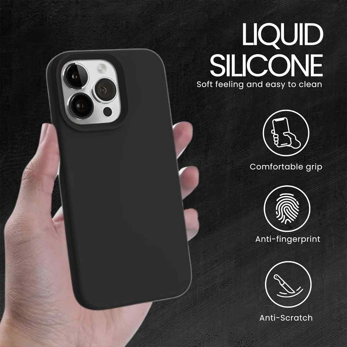 Eine Hand hält eine schwarze Handyhülle. Text: 'Liquid Silicone'. Symbole zeigen angenehmen Griff, Anti-Fingerabdruck und Anti-Kratzer.