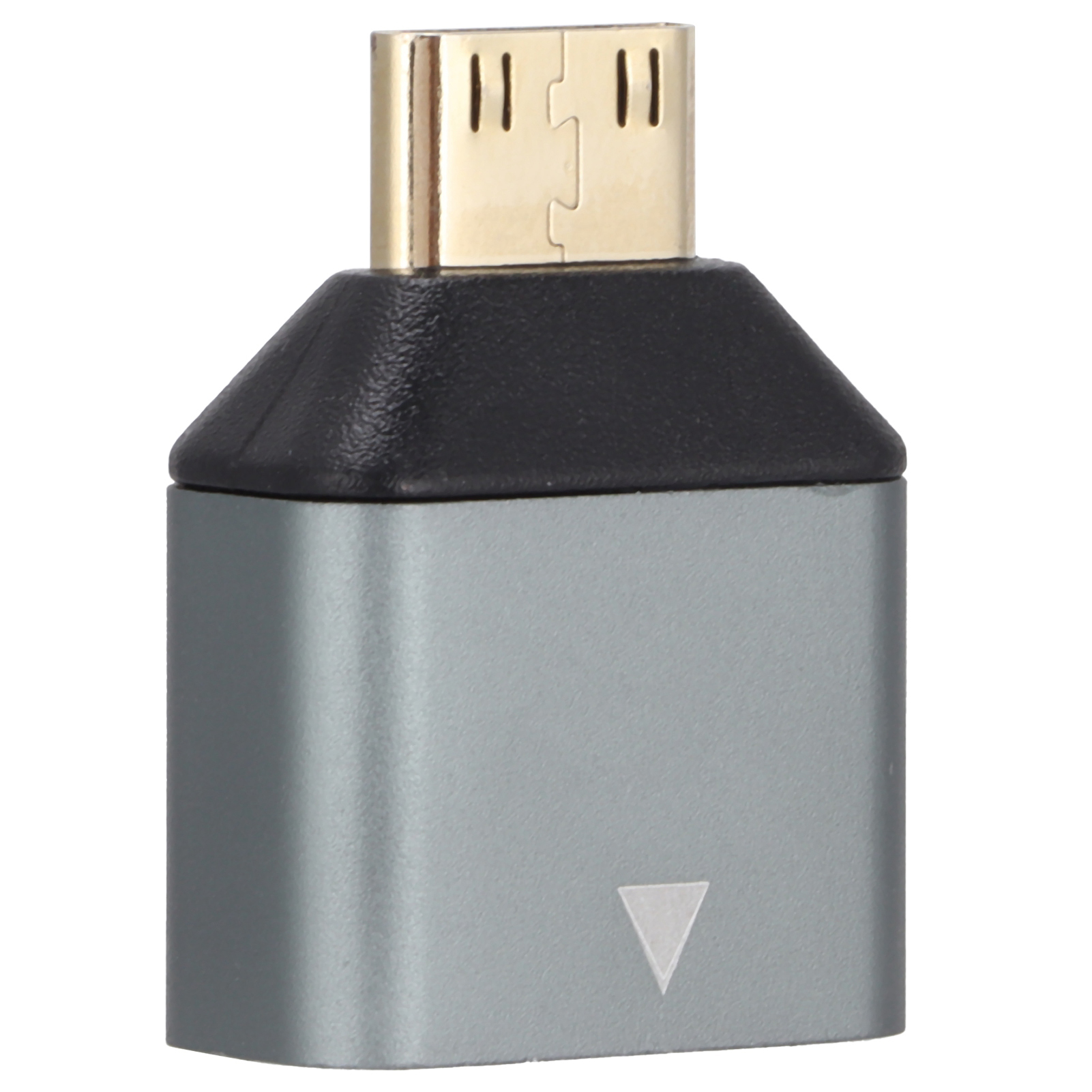 Ein grauer HDMI-Adapter mit einem goldfarbenen Stecker. Er hat eine schwarze Oberseite und ein weißes Dreieck auf der Vorderseite.