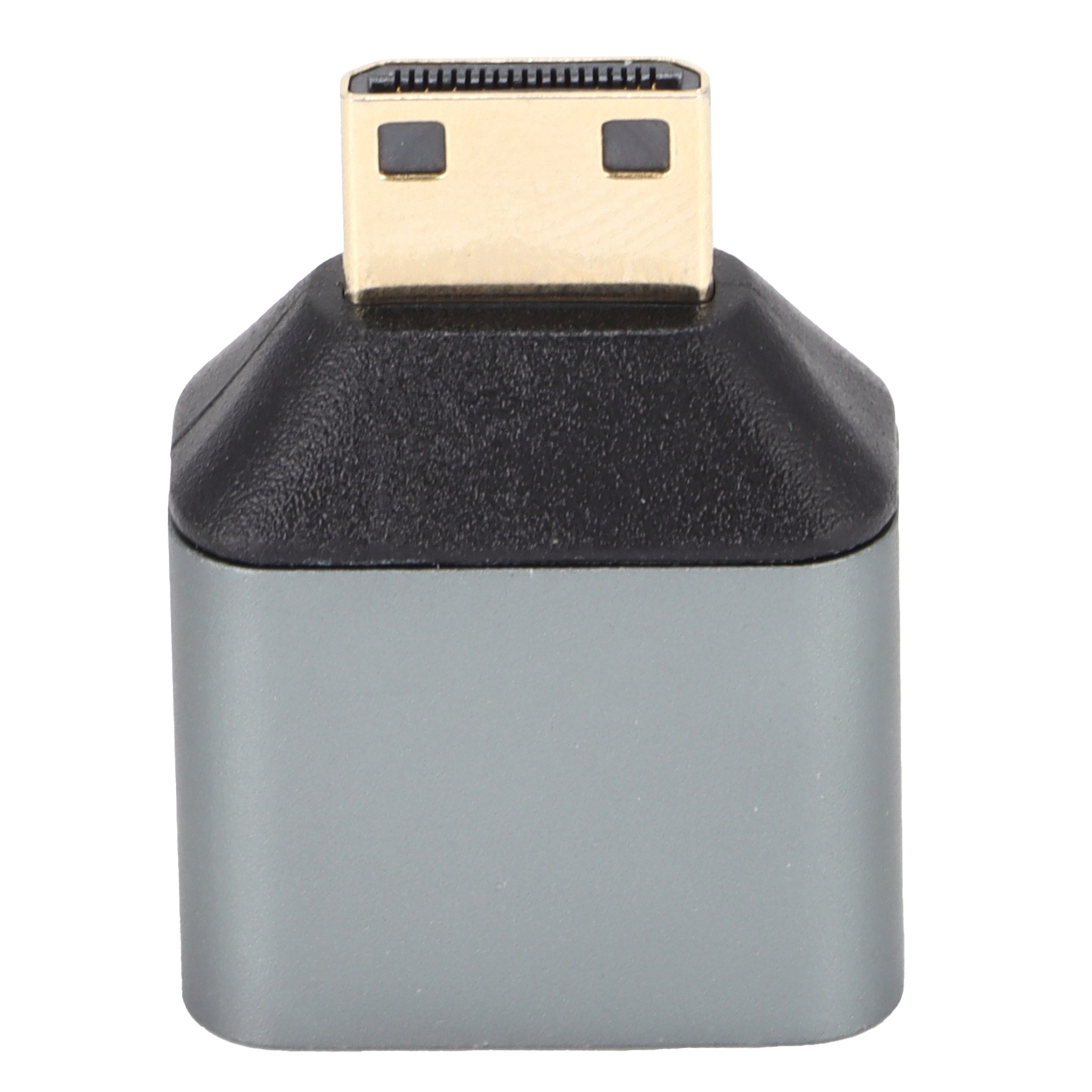 Ein DisplayPort-Adapter mit goldfarbenem Stecker, schwarzer Oberseite und grauem Gehäuse, isoliert auf weißem Hintergrund.