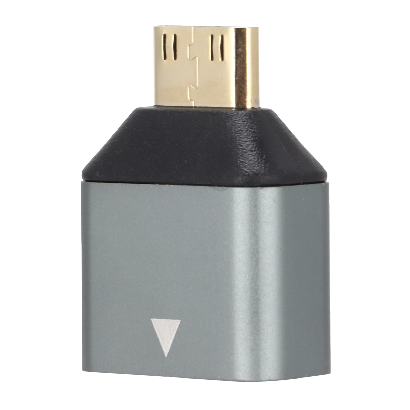 Ein HDMI-Adapter mit goldenem Stecker, schwarzem Kunststoffteil und grauem Gehäuse sowie einem weißen Dreieck.