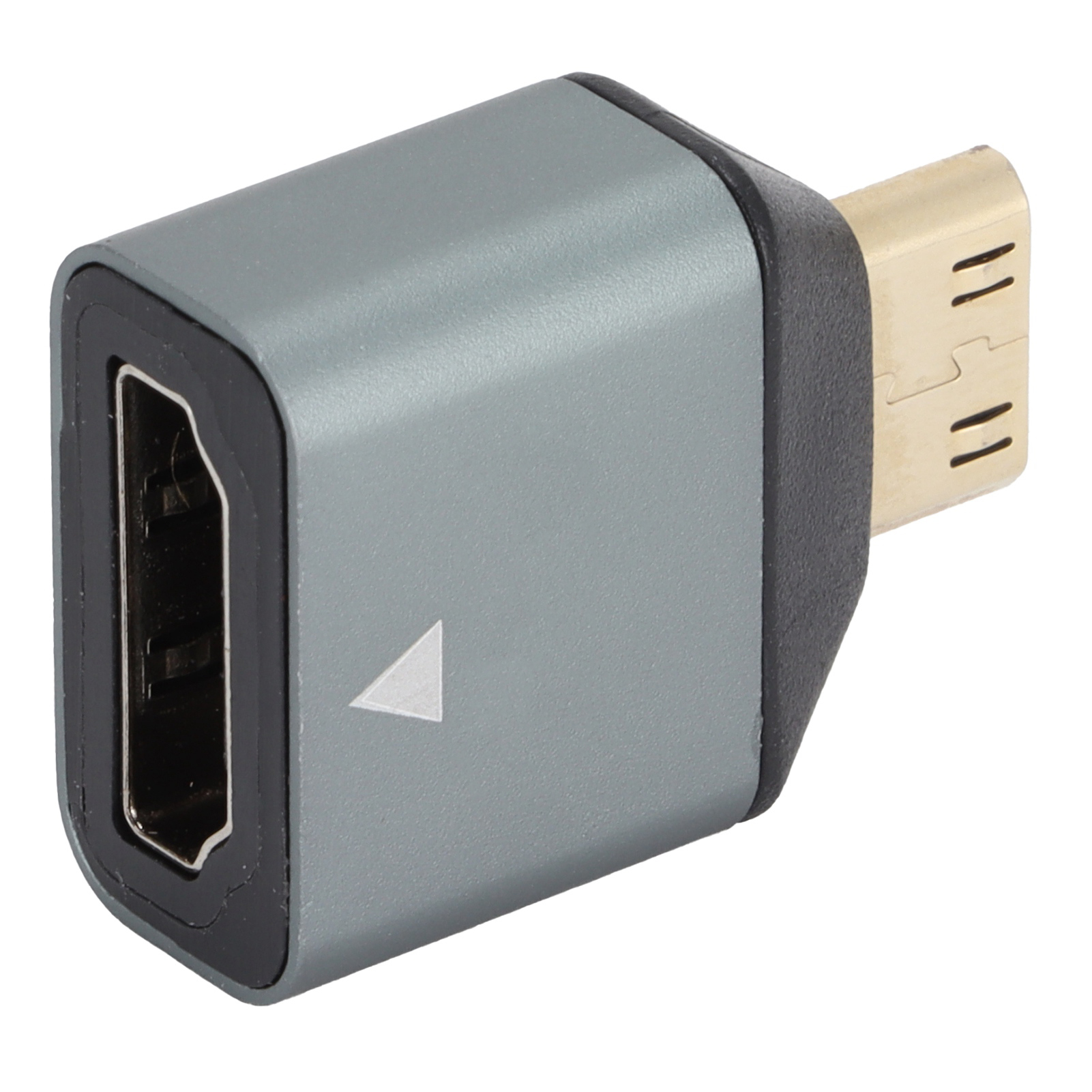 Ein grauer HDMI-Adapter mit schwarzem Rand und einem goldfarbenen Stecker. Ein weißes Dreieck zeigt die Richtung an.