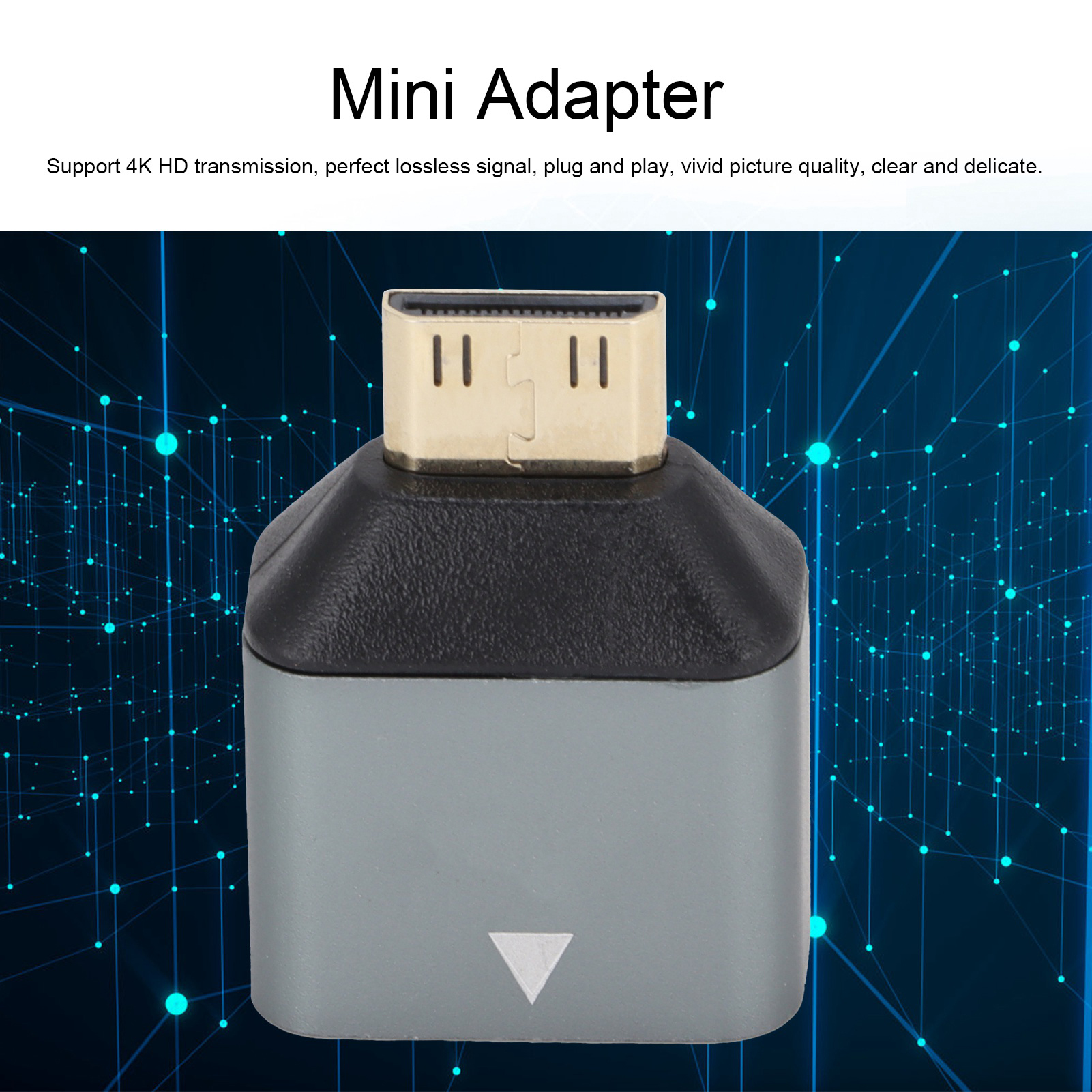 Ein Mini-Adapter. Die Oberseite ist goldfarben, die Mitte schwarz und die Unterseite grau. Auf der Unterseite befindet sich ein weißer Pfeil.