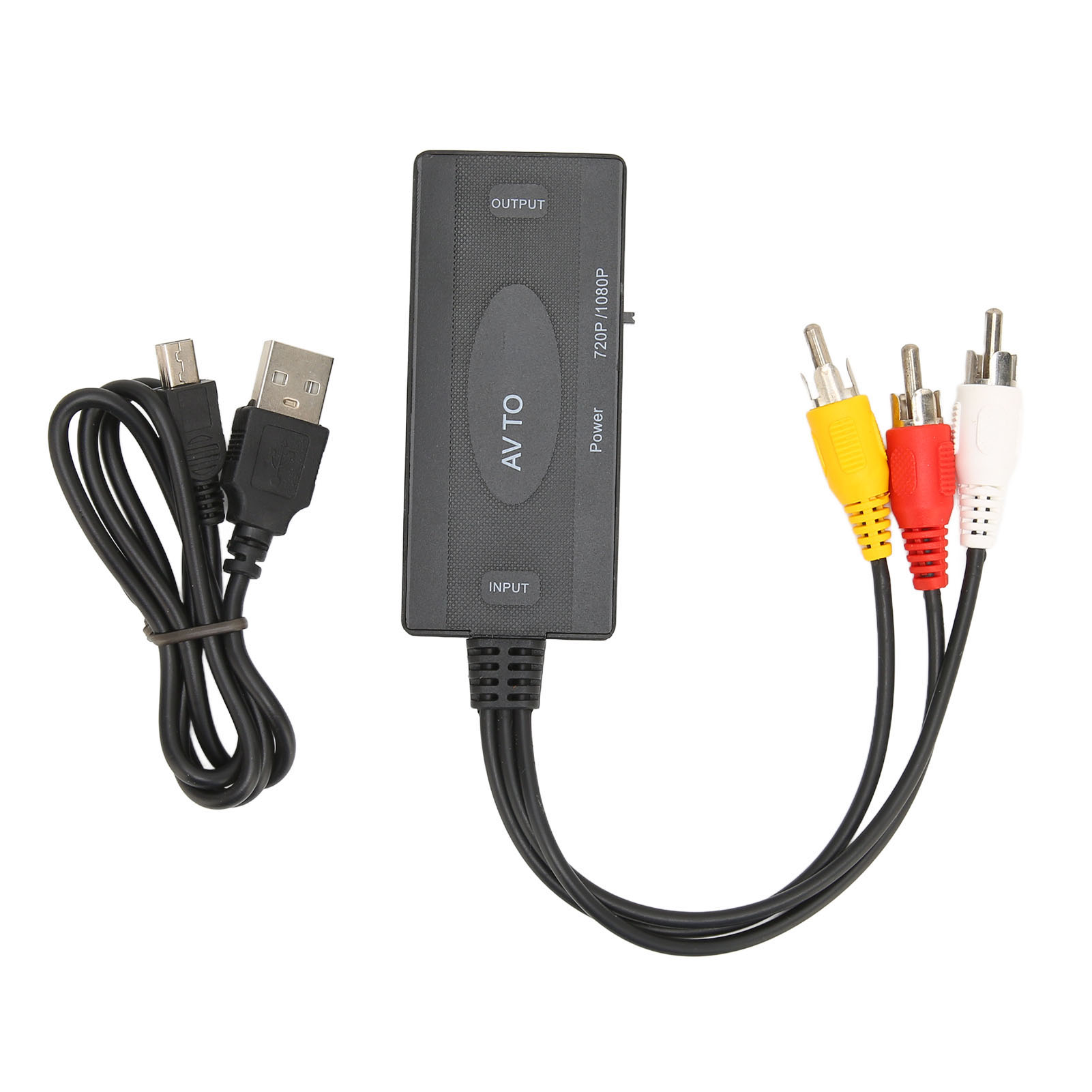 Ein AV-zu-HDMI-Konverter mit einem USB-Kabel und Cinch-Kabeln auf weißem Hintergrund. Der Konverter ist schwarz.
