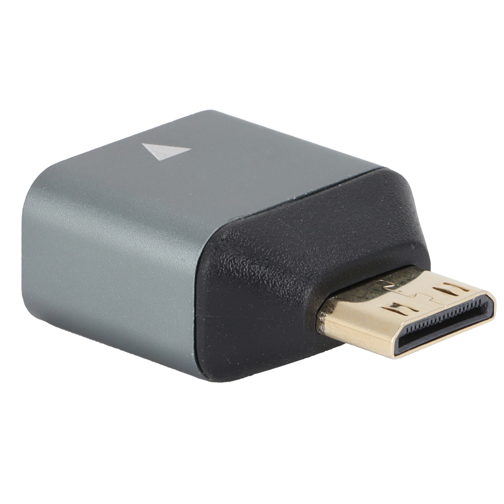 Ein grauer HDMI-Adapter mit schwarzem Ende und einem goldfarbenen Stecker. Auf der Oberseite des Adapters befindet sich ein weißes Dreieck.