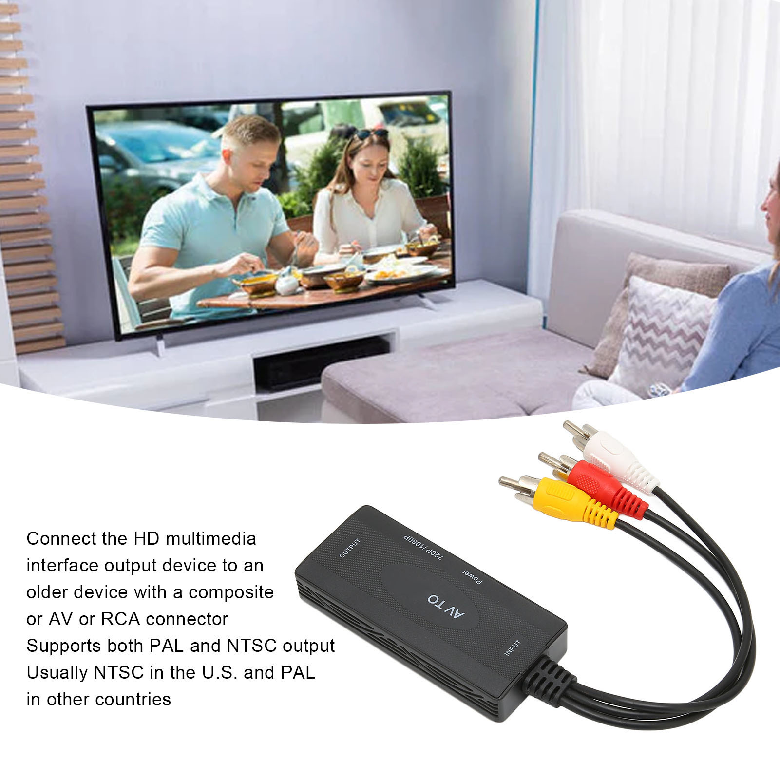 Ein AV-zu-HDMI-Adapter mit AV-Kabeln. Ein Fernseher zeigt Personen beim Essen. Eine Frau schaut fern. Weiß, Schwarz, Rot und Gelb.