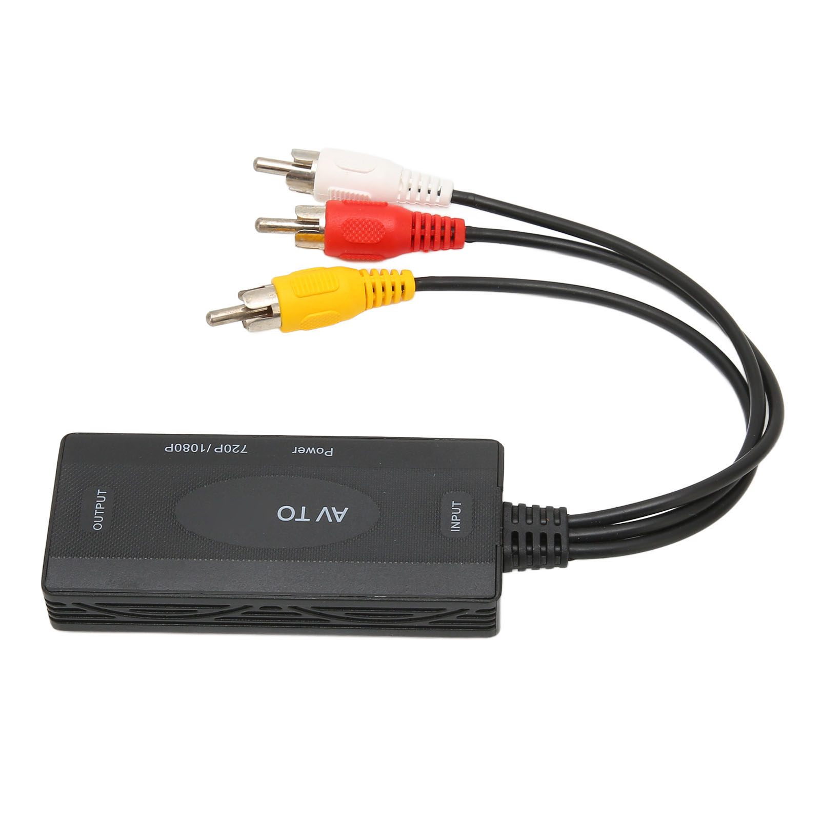AV-zu-Kabel-Konverter mit drei Cinch-Anschlüssen: weiß, rot und gelb. Die schwarze Box hat Eingangs- und Ausgangsbezeichnungen.