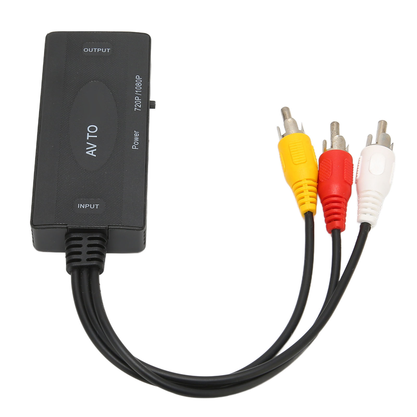 Schwarzer AV-zu-Cinch-Adapter mit gelben, roten und weißen Cinch-Anschlüssen auf weißem Hintergrund.