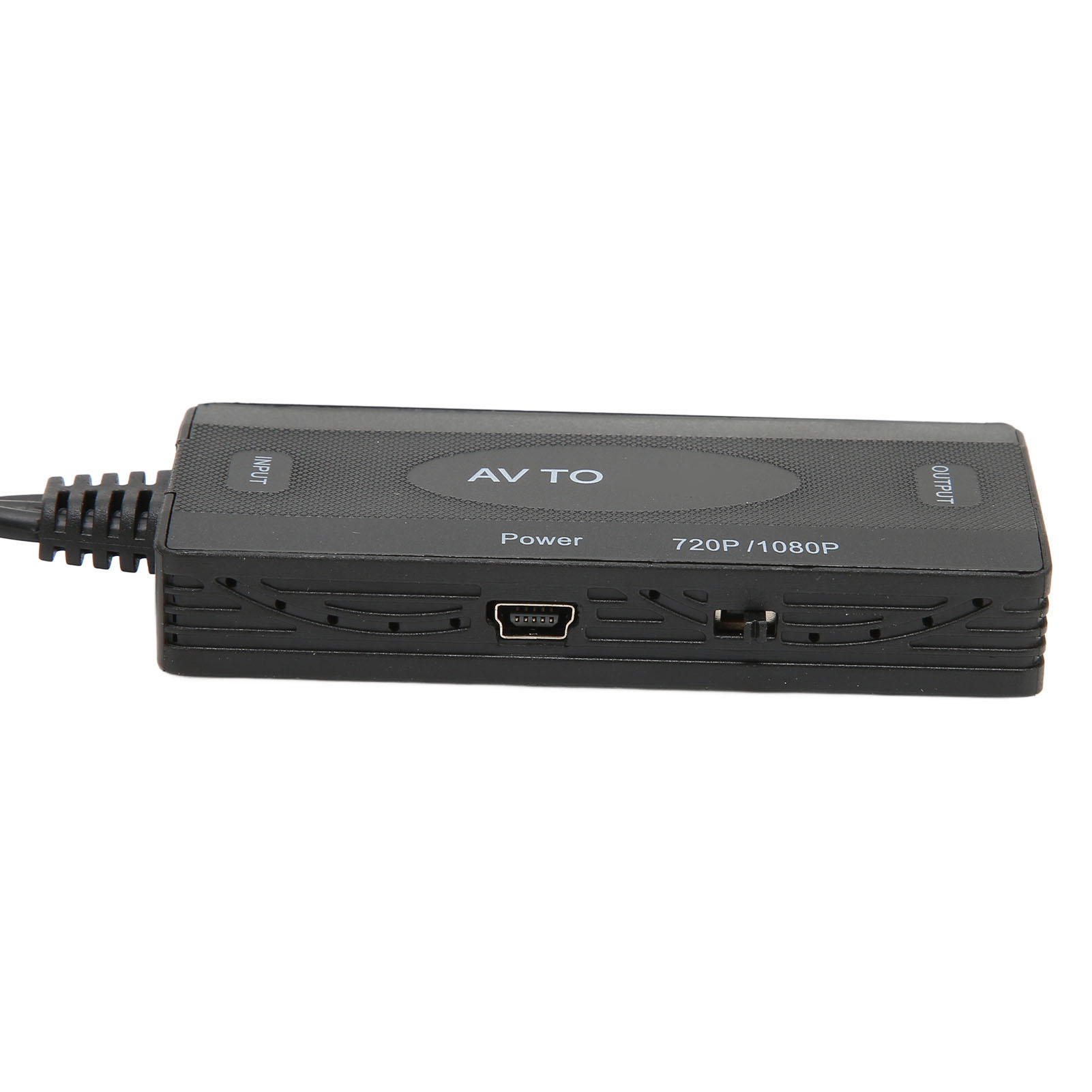 Ein schwarzer AV-zu-720P/1080P-Konverter mit Eingangs- und Ausgangsanschlüssen, Stromkennzeichnung und einem USB-Anschluss, mit einem schwarzen Kabel.