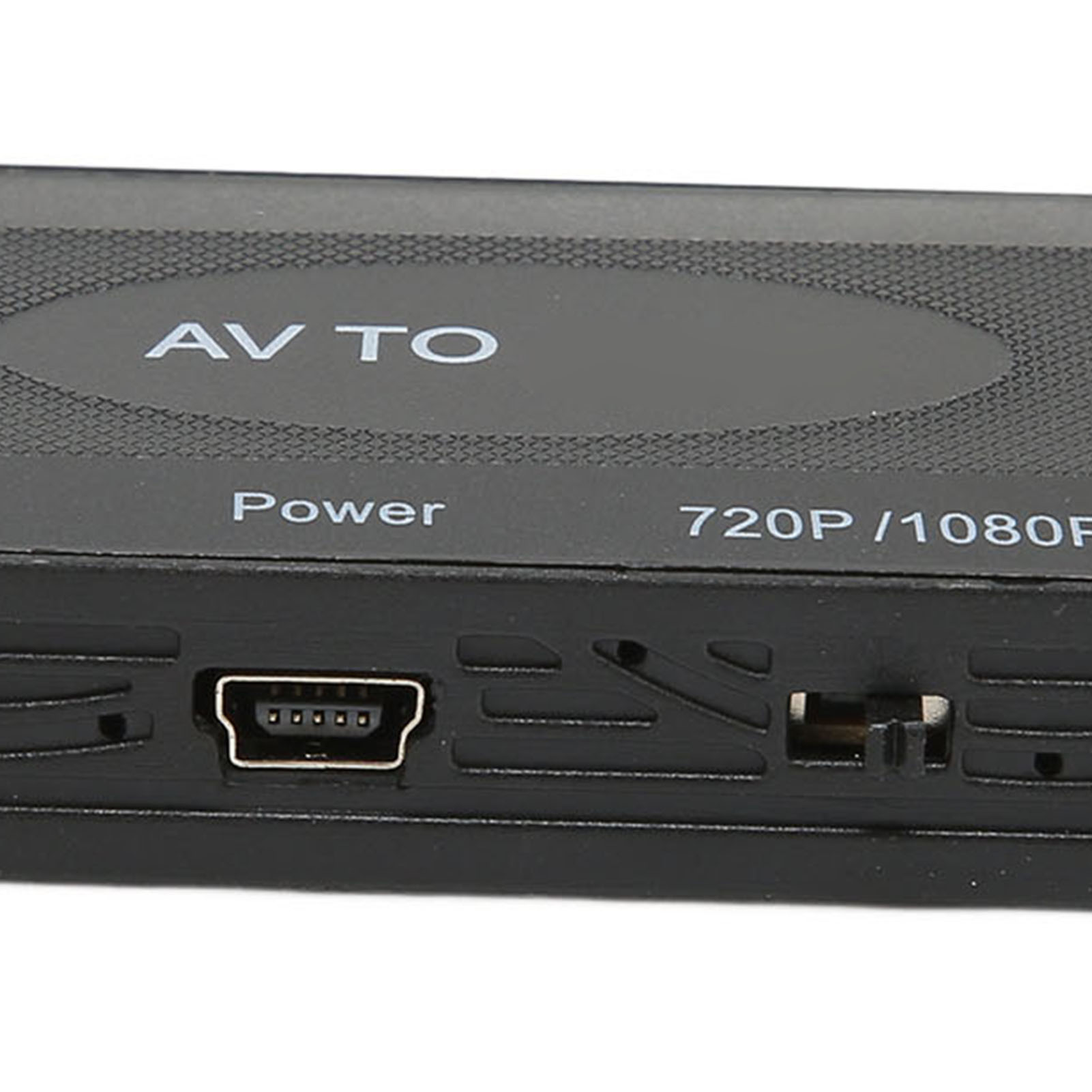 Schwarzes Gerät mit Text AV TO, Power und 720P/1080P. Es hat einen Anschluss und einen Stecker.