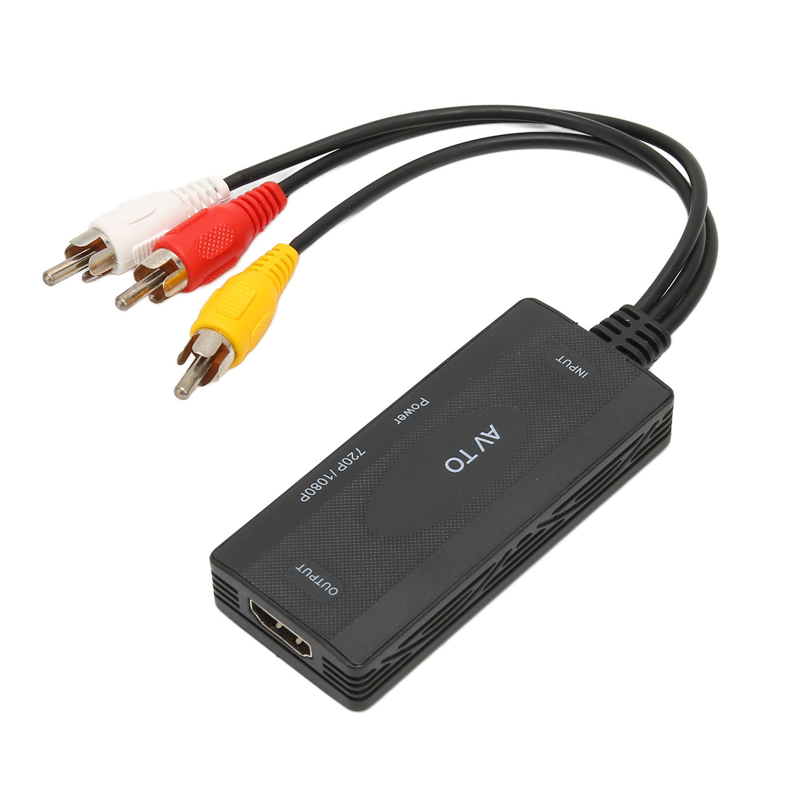AV-zu-HDMI-Konverter mit roten, weißen und gelben Cinch-Kabeln und einem schwarzen HDMI-Kabel. Der Konverter ist schwarz.