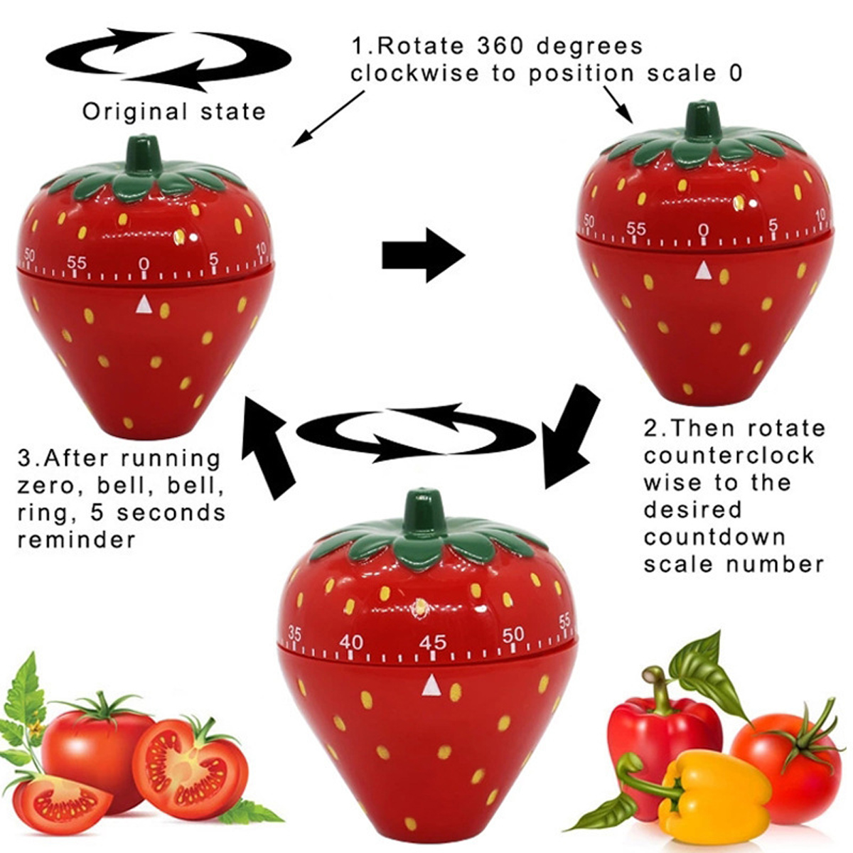 Ein roter erdbeerförmiger Timer mit Anweisungen: im Uhrzeigersinn auf Null drehen, dann gegen den Uhrzeigersinn, um die Zeit einzustellen. Tomaten und Paprika.