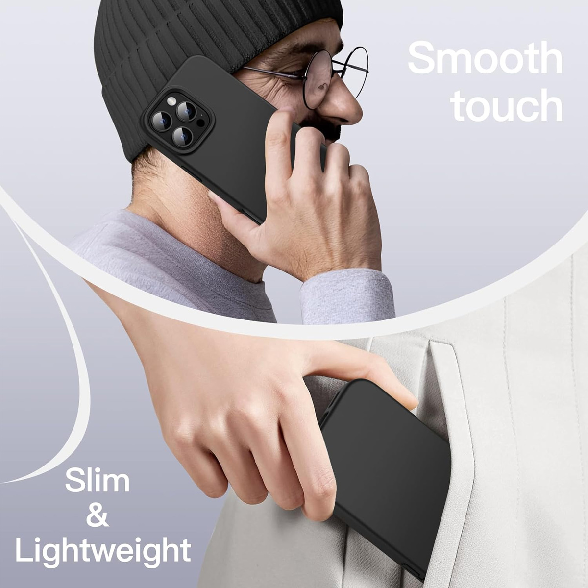 Mann mit schwarzem Telefon, Brille und Mütze. Eine andere Hand steckt ein Telefon in die Tasche. Text: Schlank & leicht, glatte Haptik.