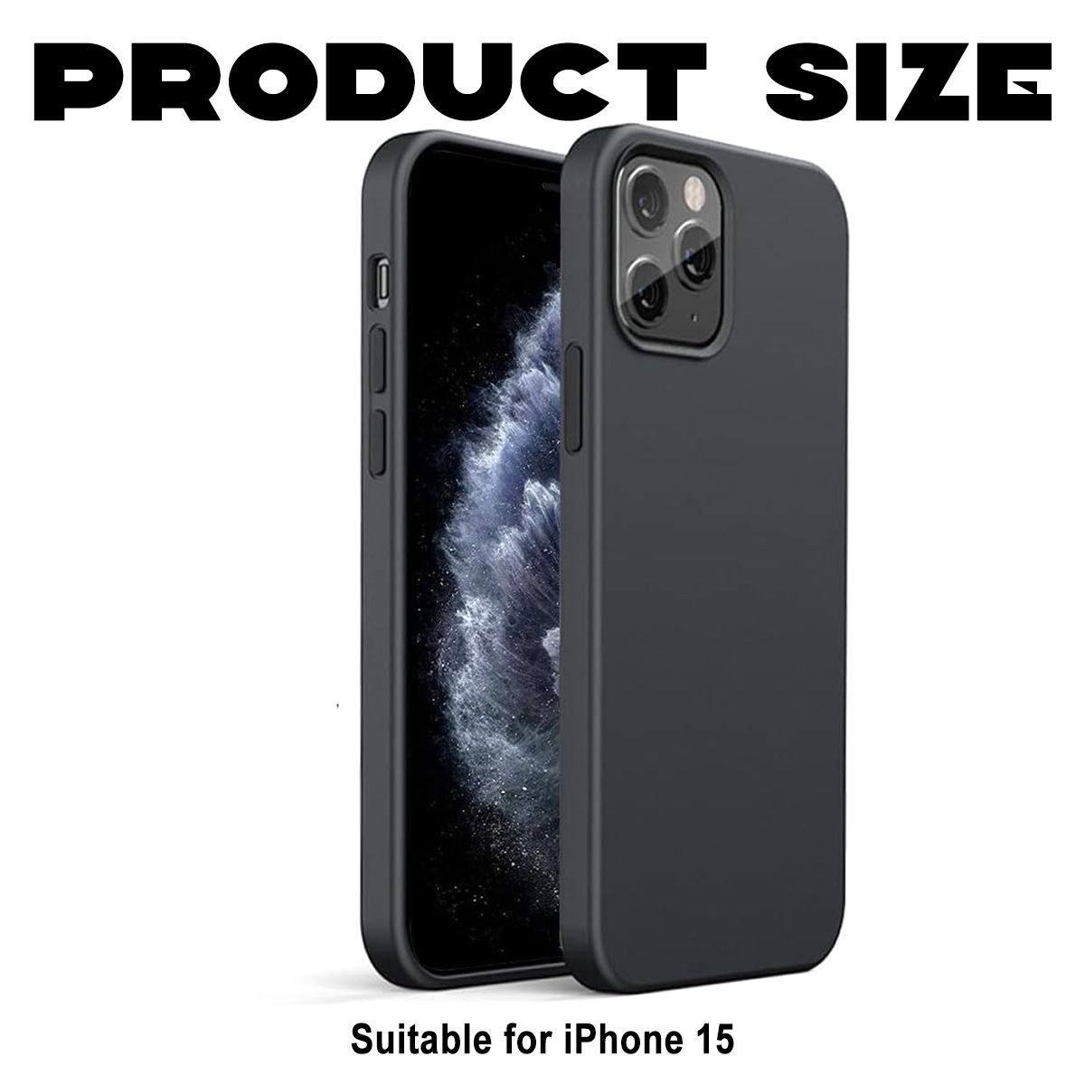 Schwarze Handyhülle für iPhone 15. Die Hülle ist offen, um den Bildschirm des Telefons anzuzeigen. Produktgröße wird angezeigt.