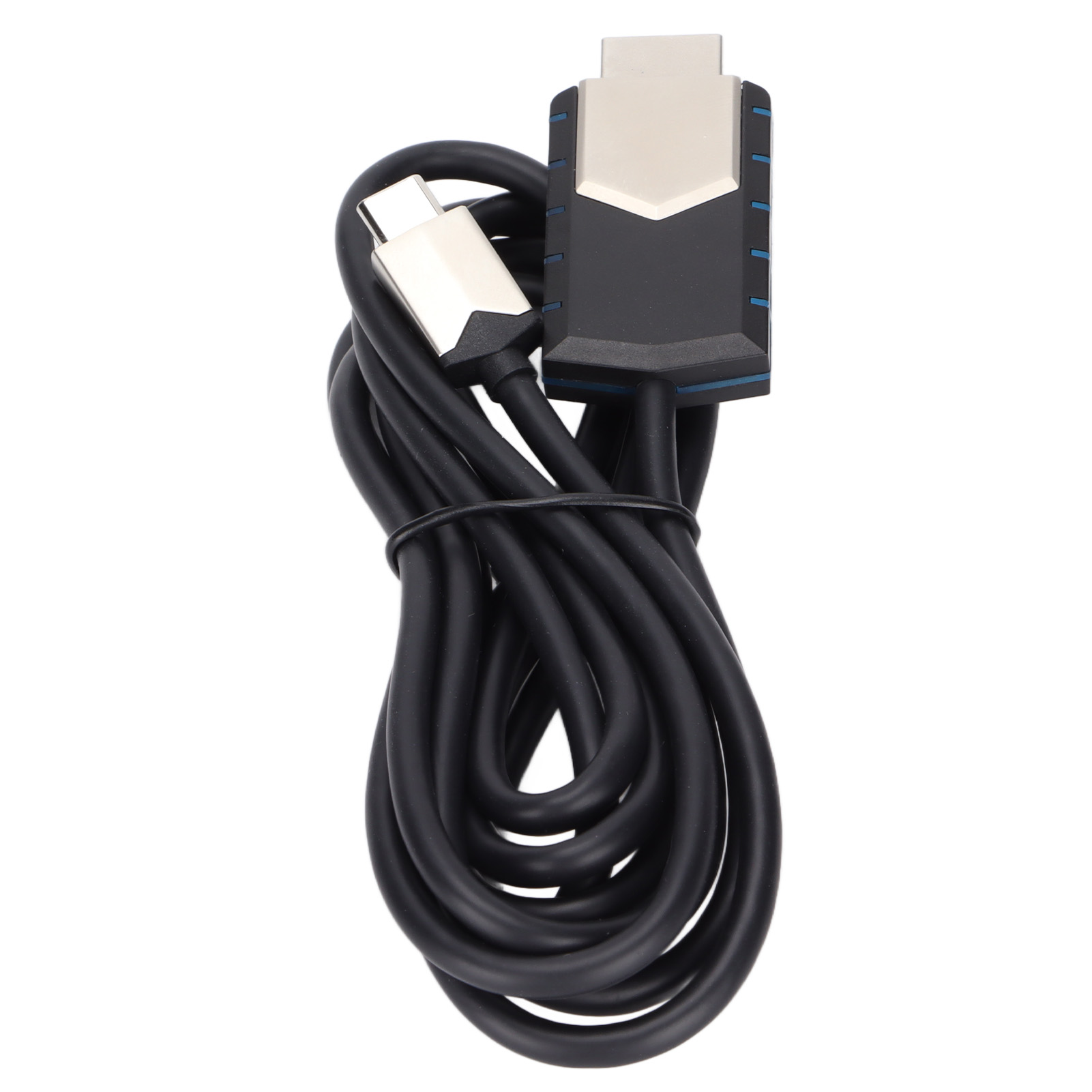 Schwarzes HDMI-Kabel mit USB-C-Anschluss und HDMI-Anschluss. Das Kabel ist aufgerollt und vor weißem Hintergrund.