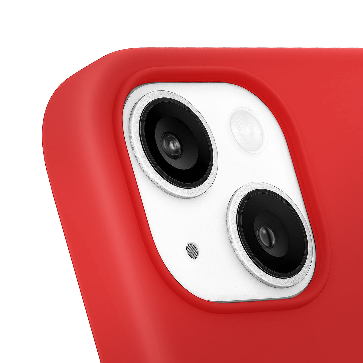 Primo piano di una custodia rossa per telefono con lenti della fotocamera. Sono visibili due lenti principali e una più piccola, con sfondo bianco.