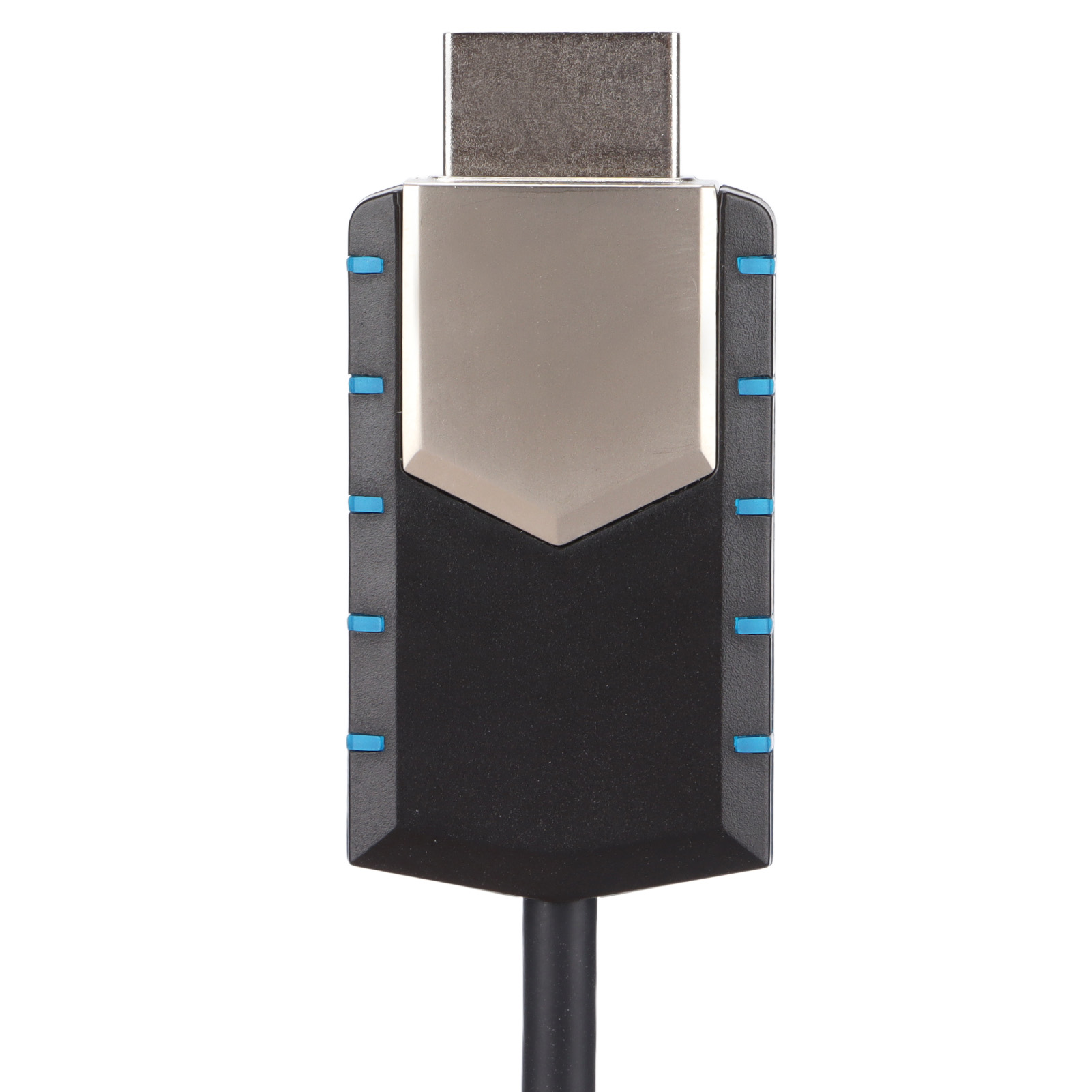 Ein HDMI-Adapter mit silbernem Oberteil, schwarzem Gehäuse und blauen Akzenten. Unten geht ein Kabel ab.