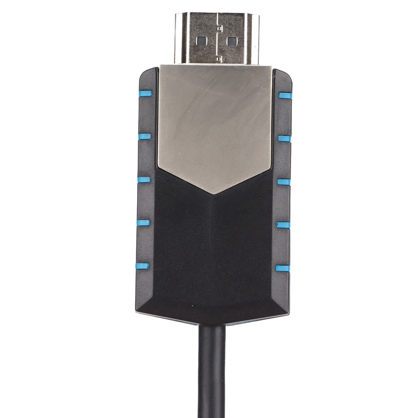 Ein HDMI-Adapter mit silbernem Kopf und schwarzem Gehäuse. Blaue Akzente verlaufen an den Seiten.
