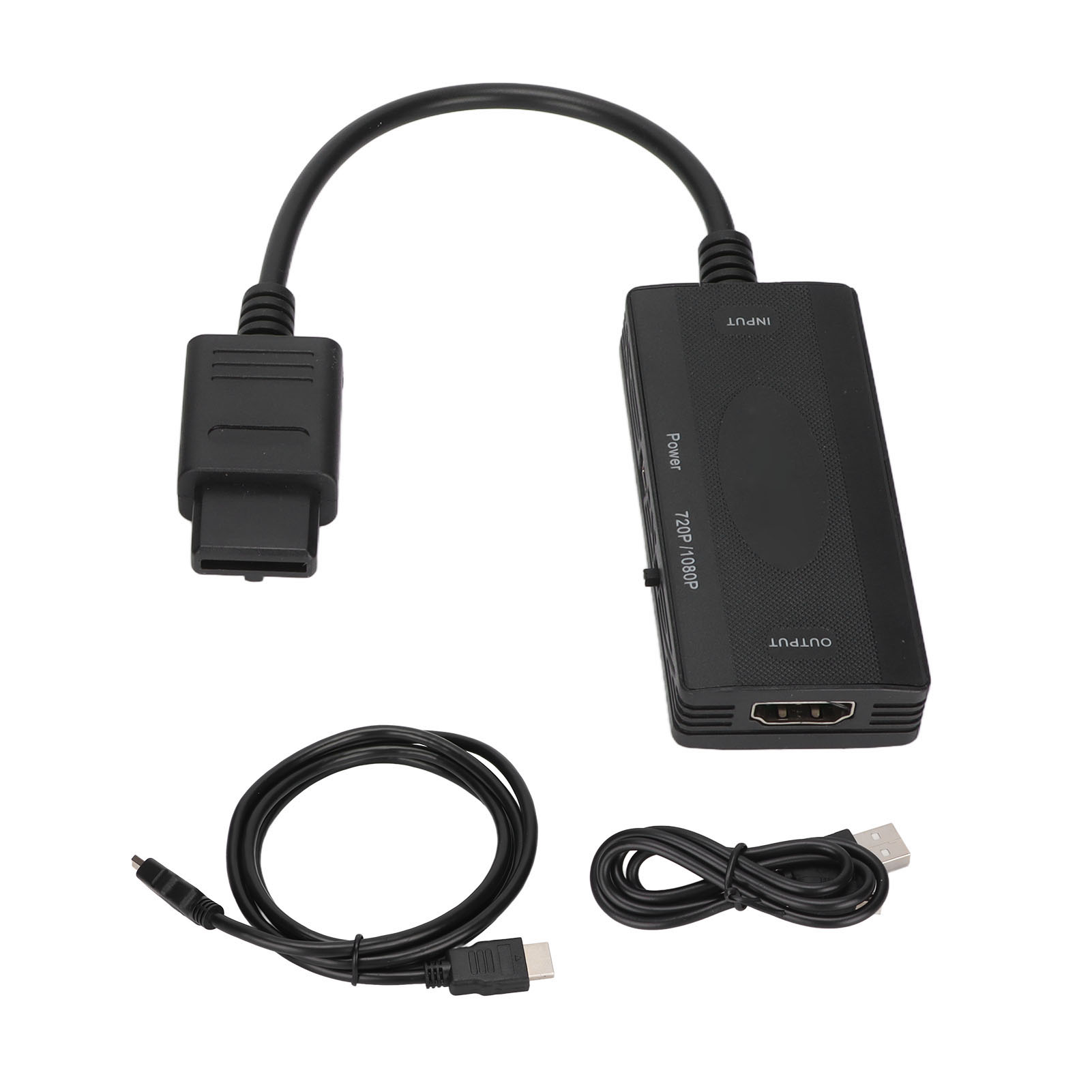 Schwarzer Videospielkonsolenadapter mit mehreren Kabeln und Anschlüssen, einschließlich Netzkabel und HDMI-Ausgang.