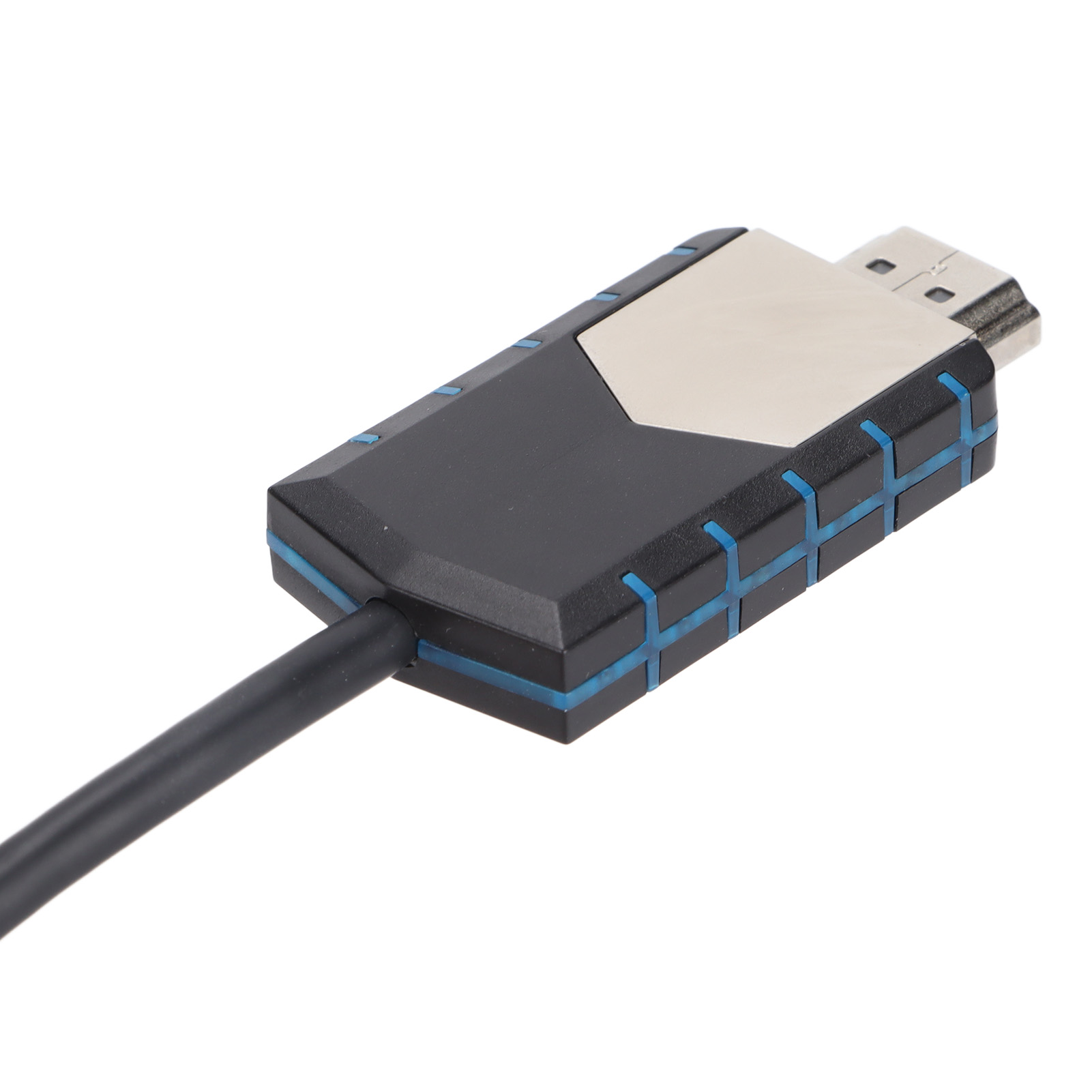 HDMI-Adapter mit schwarzen und blauen Akzenten. Das Kabel ist schwarz. Der Hintergrund ist weiß.