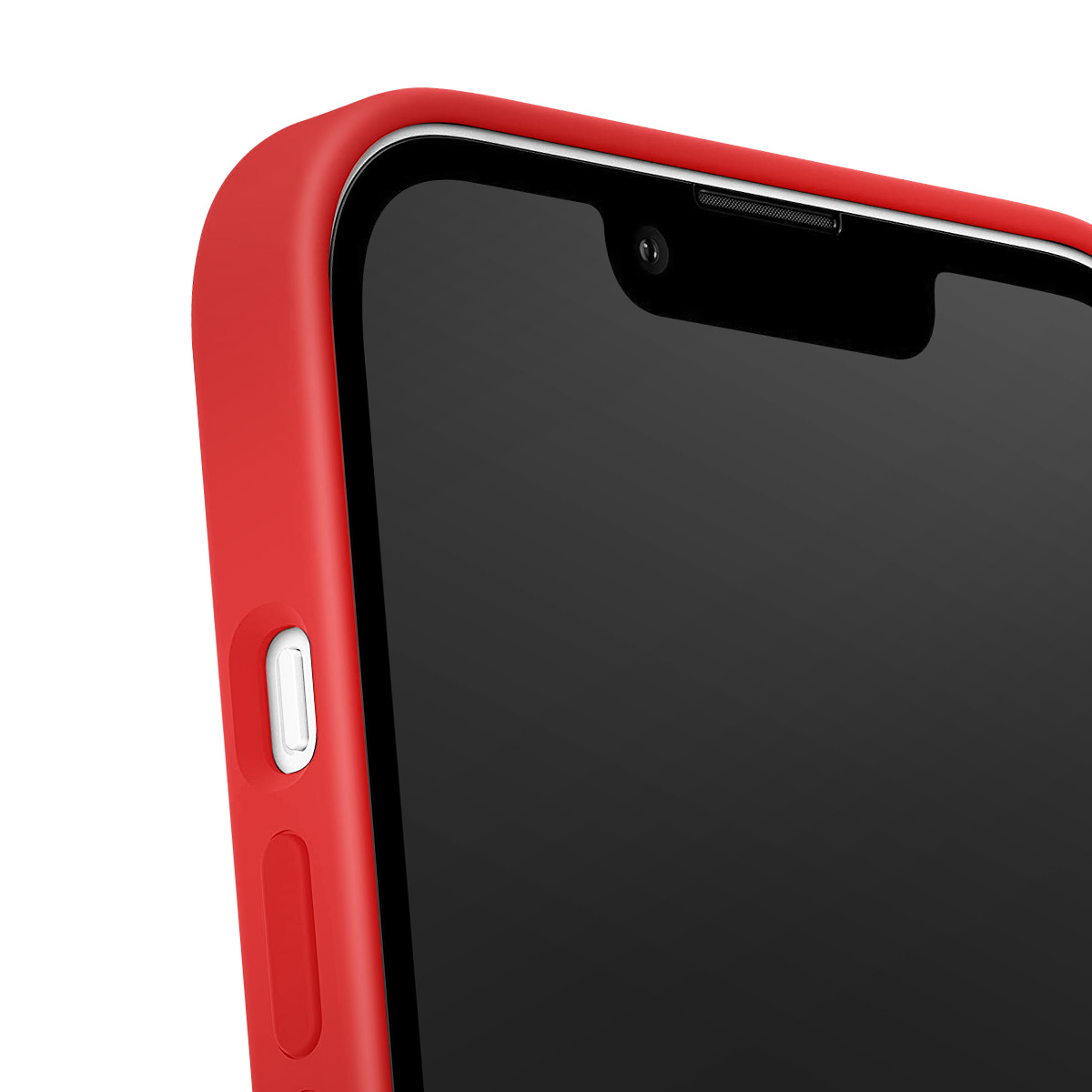 Primo piano di uno smartphone in una custodia rossa. Lo schermo è nero e una fotocamera è visibile. La custodia avvolge il telefono.