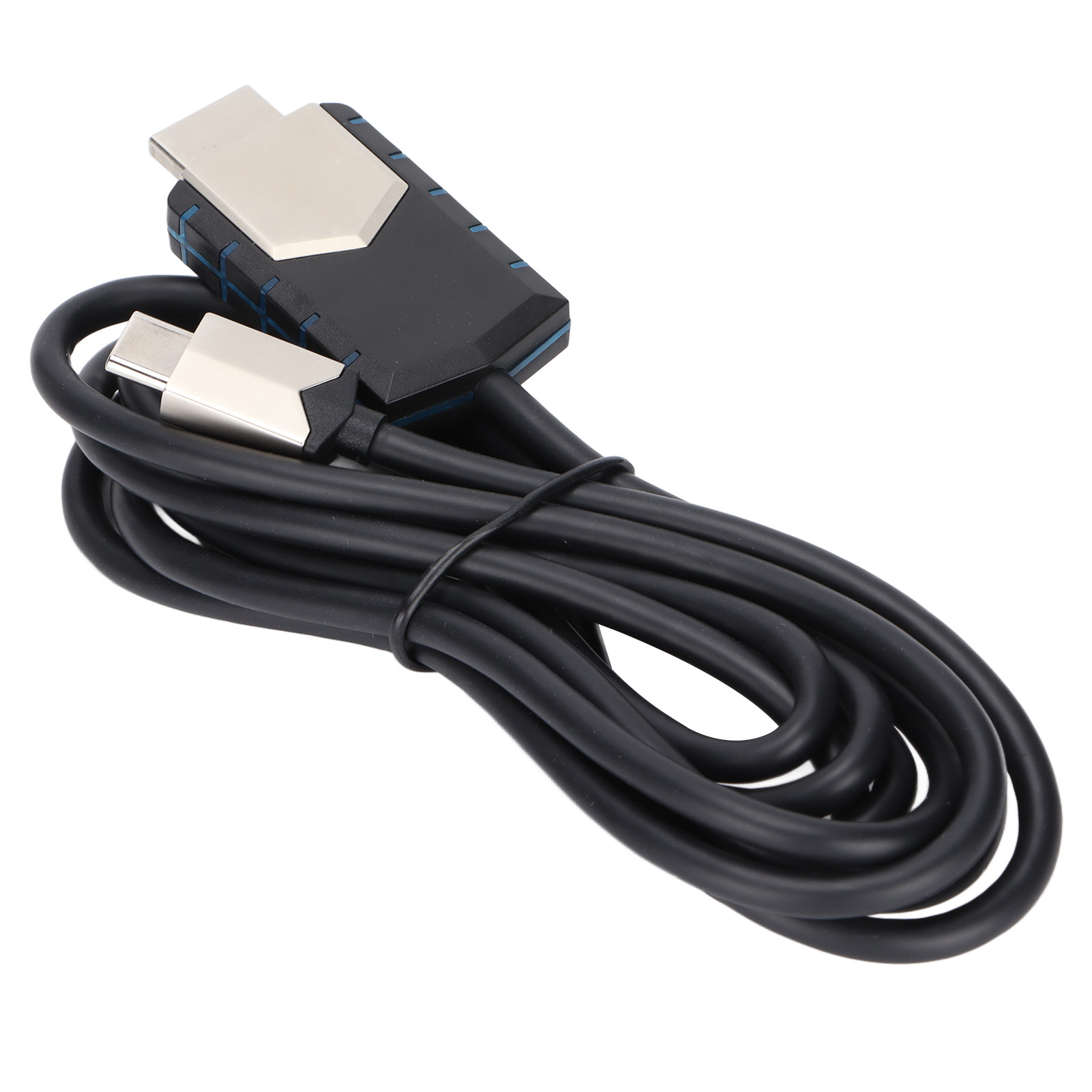 Ein schwarzes Kabel mit einem SCART-Anschluss und einem USB-C-Anschluss auf weißem Hintergrund.