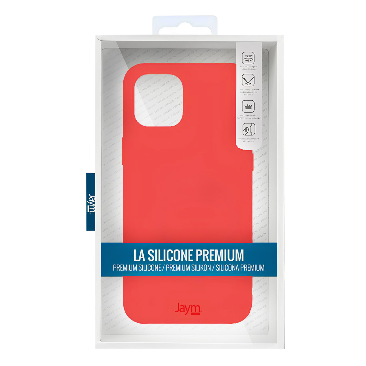 Una custodia rossa per telefono in una scatola bianca. Il testo recita 'LA SILICONE PREMIUM'. Icone e testo a destra. Il marchio 'Jaym' è visibile.