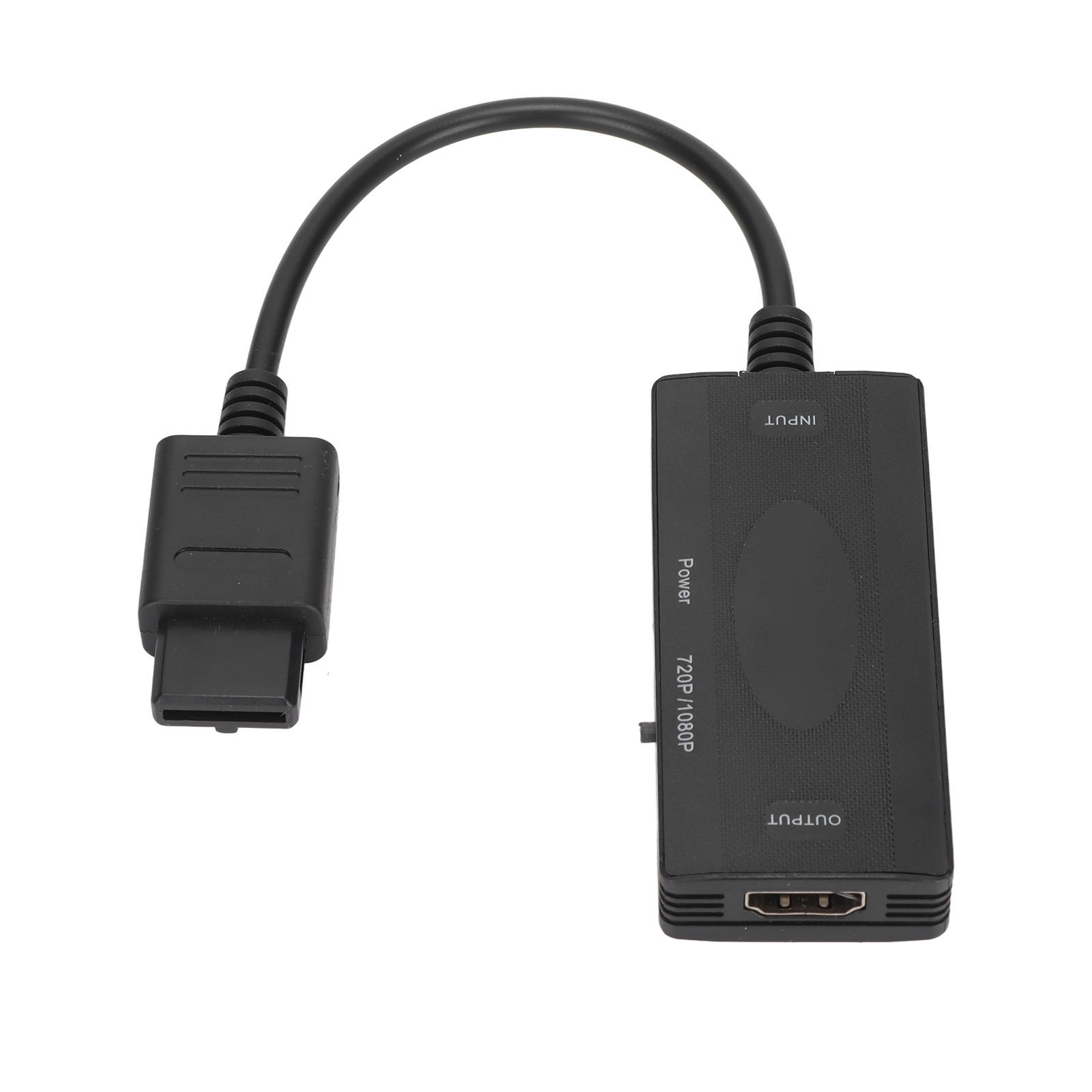 Schwarzer Konverter mit Kabel. Hat Eingangs- und Ausgangsanschlüsse, beschriftet. Kabel verbindet zwei schwarze Stecker.