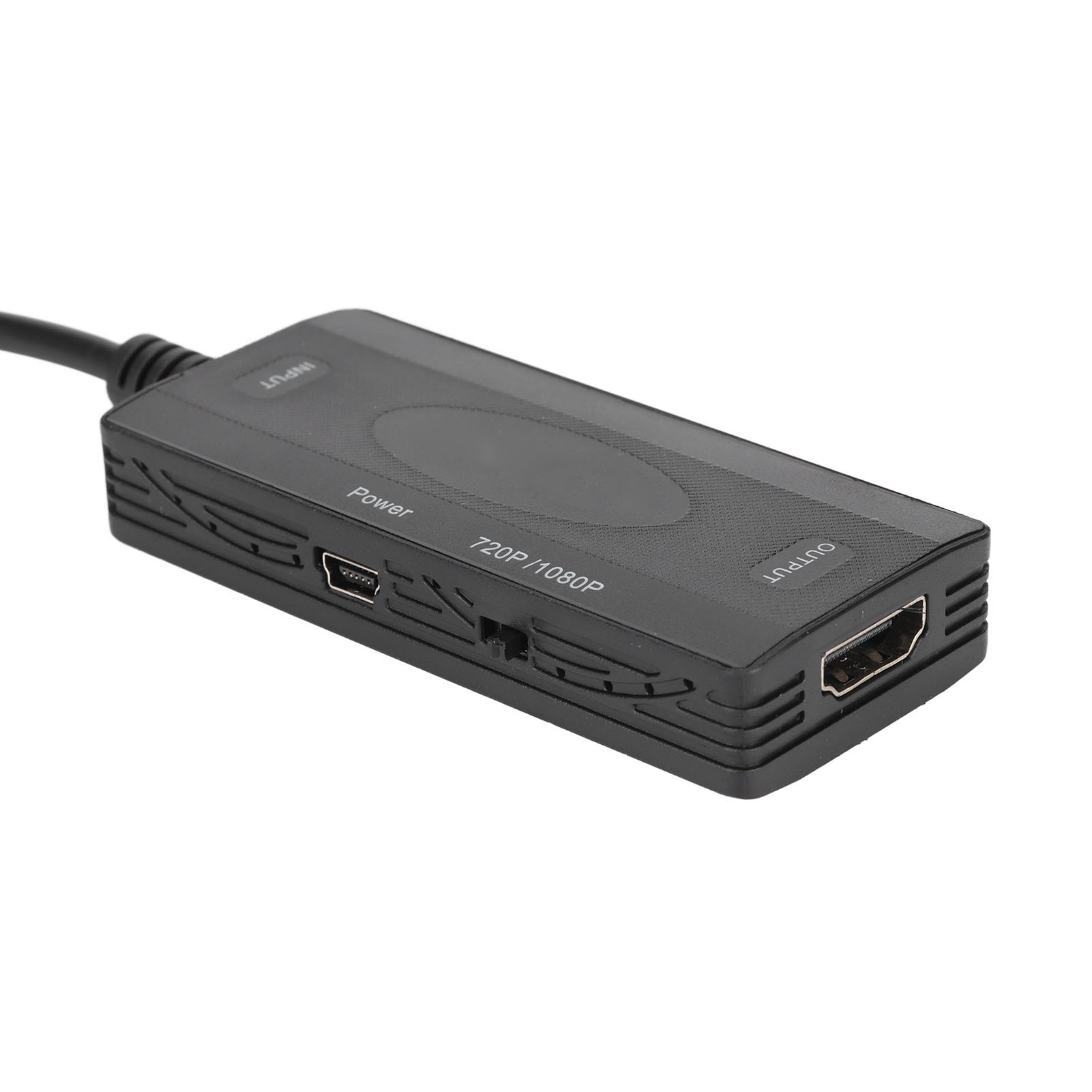 Schwarzer HDMI-Adapter mit Eingangs- und Ausgangsanschlüssen, einem Stromanschluss und einem Kabel, das sich von der Eingangsseite erstreckt.