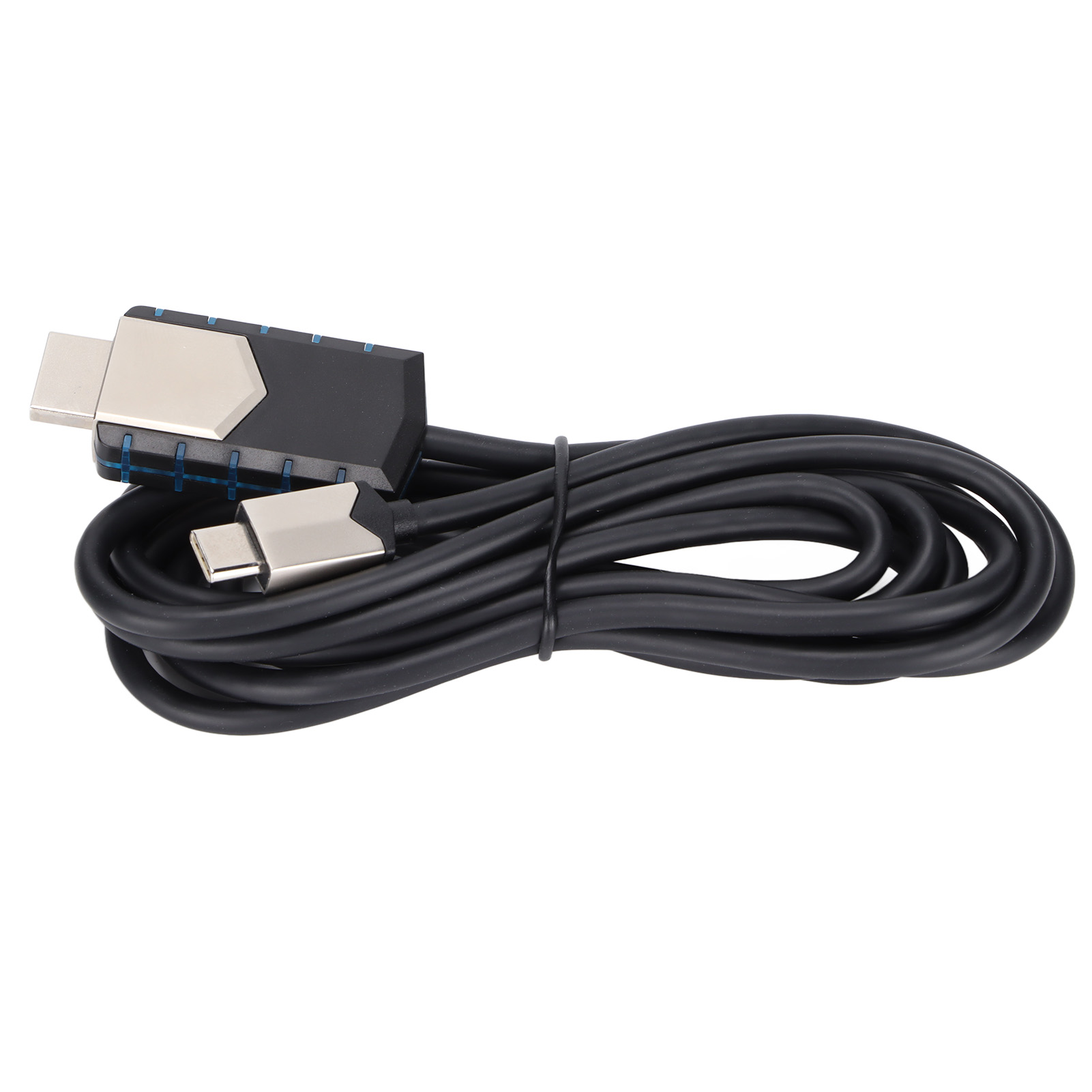 Ein schwarzes Kabel mit silbernen Steckern. Das Kabel ist aufgerollt. Die Stecker sind HDMI und USB-C.
