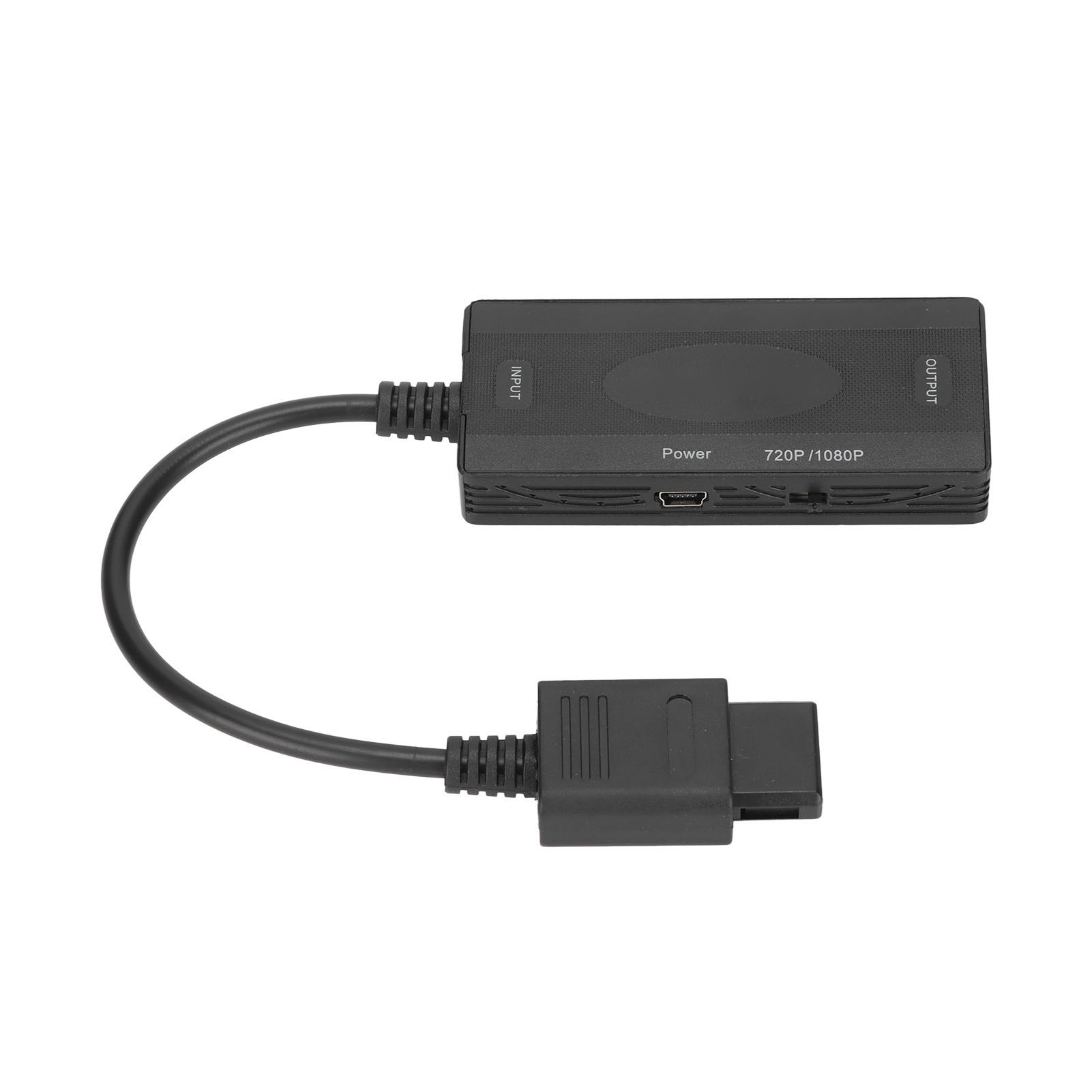 Schwarzer Videoadapter mit Ein-/Ausgangsanschlüssen und einer Betriebsanzeige, verbunden mit Kabel und Stecker.