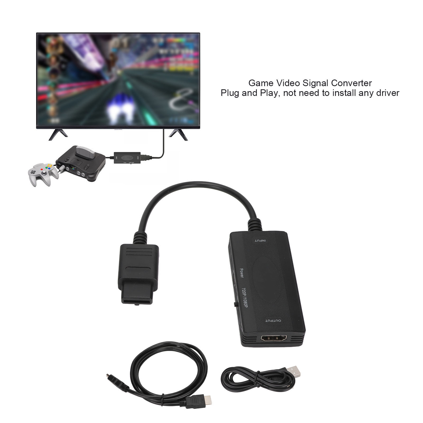 Ein Fernsehbildschirm zeigt ein Rennspiel. Komponenten umfassen eine Konsole, einen Controller, einen Konverter und Kabel.