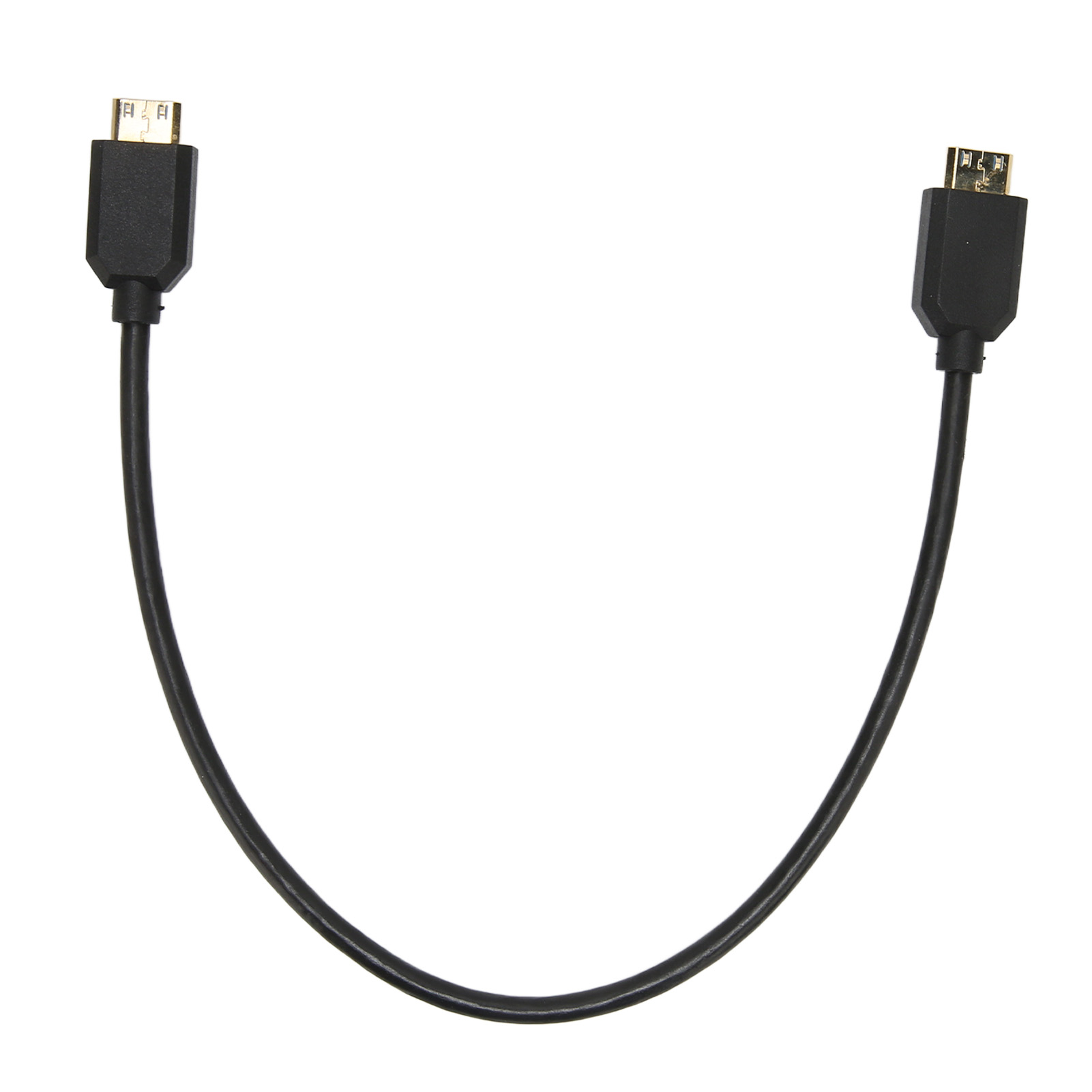 Ein schwarzes HDMI-Kabel auf weißem Hintergrund. Das Kabel hat zwei Stecker und einen gebogenen Körper.