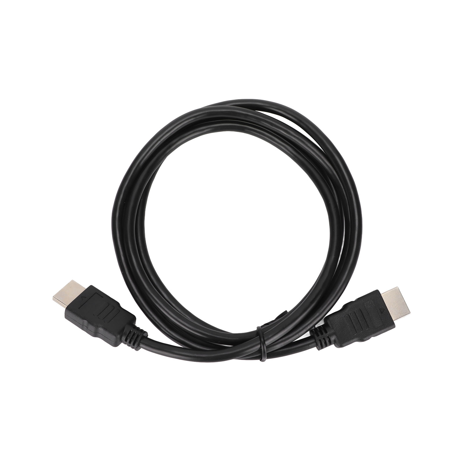 Ein schwarzes HDMI-Kabel, zu einem Kreis geformt. An jedem Ende befinden sich Stecker. Weißer Hintergrund.