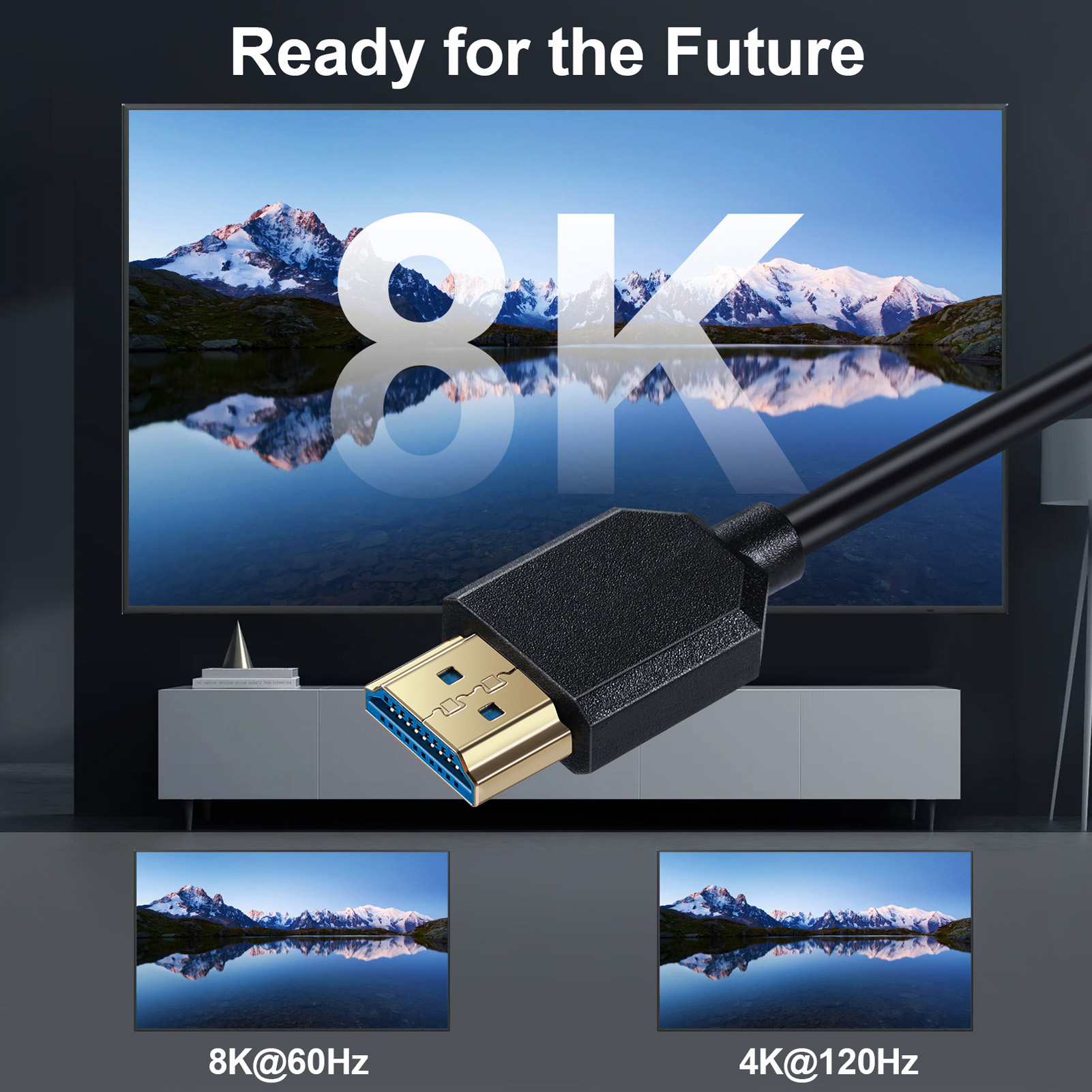 Ein HDMI-Kabel mit goldenem Stecker wird gezeigt. Der Hintergrund zeigt eine Berglandschaft, die sich im Wasser spiegelt, mit 8K-Text.